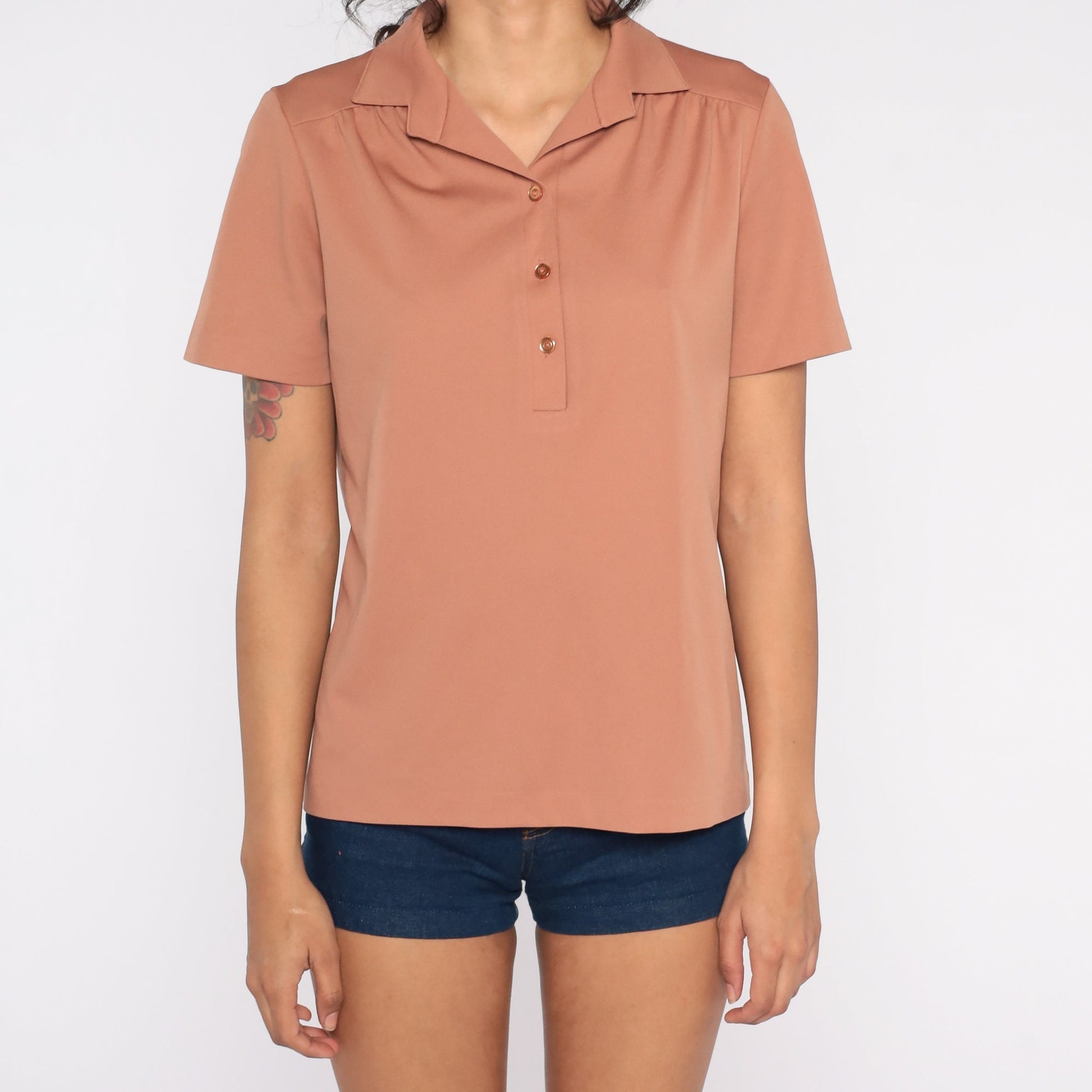 70s Terracotta Polo Blouse Collared Short Sleeve Shirt Medium