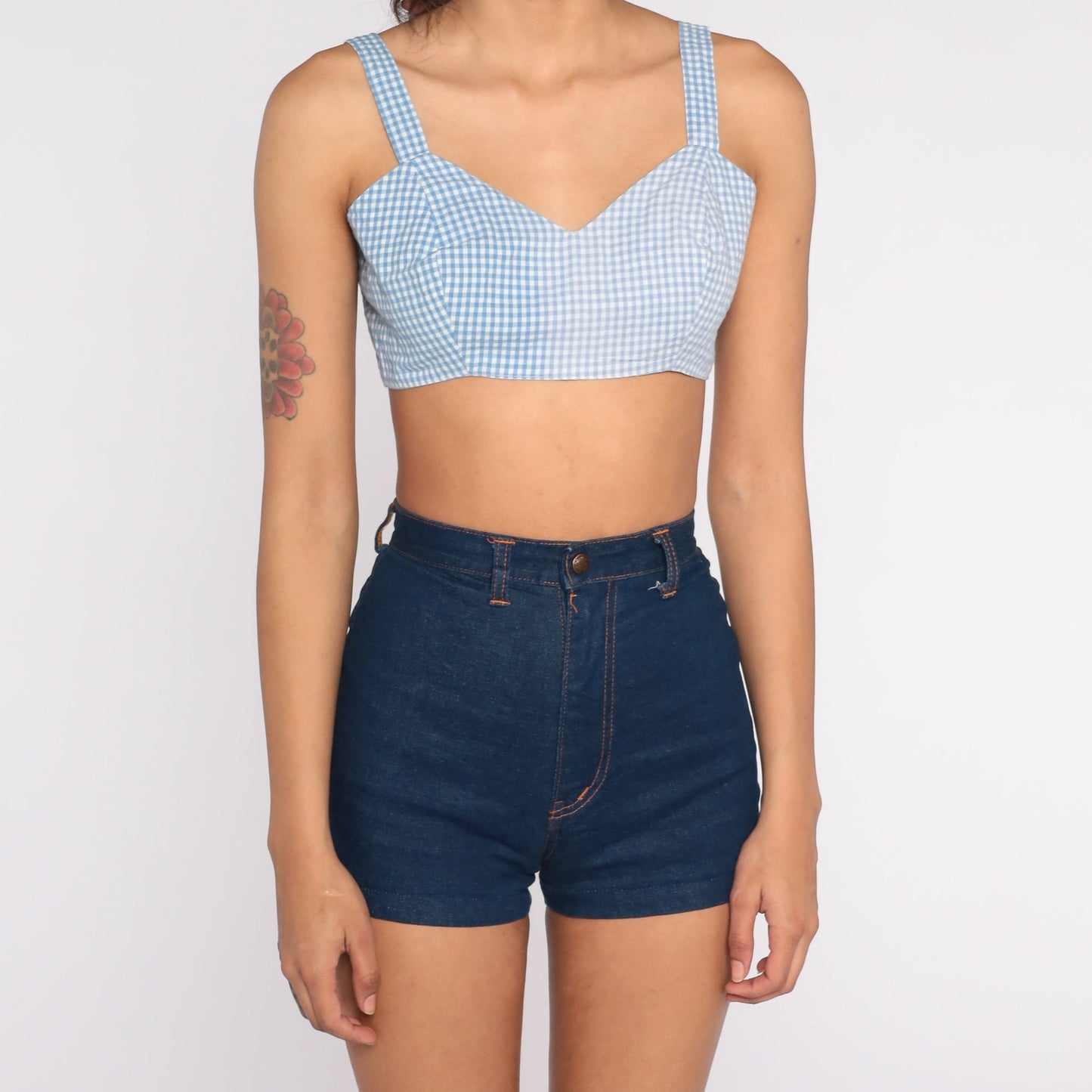 60s Blue Gingham Crop Tank Top Checkered Sleeveless Small