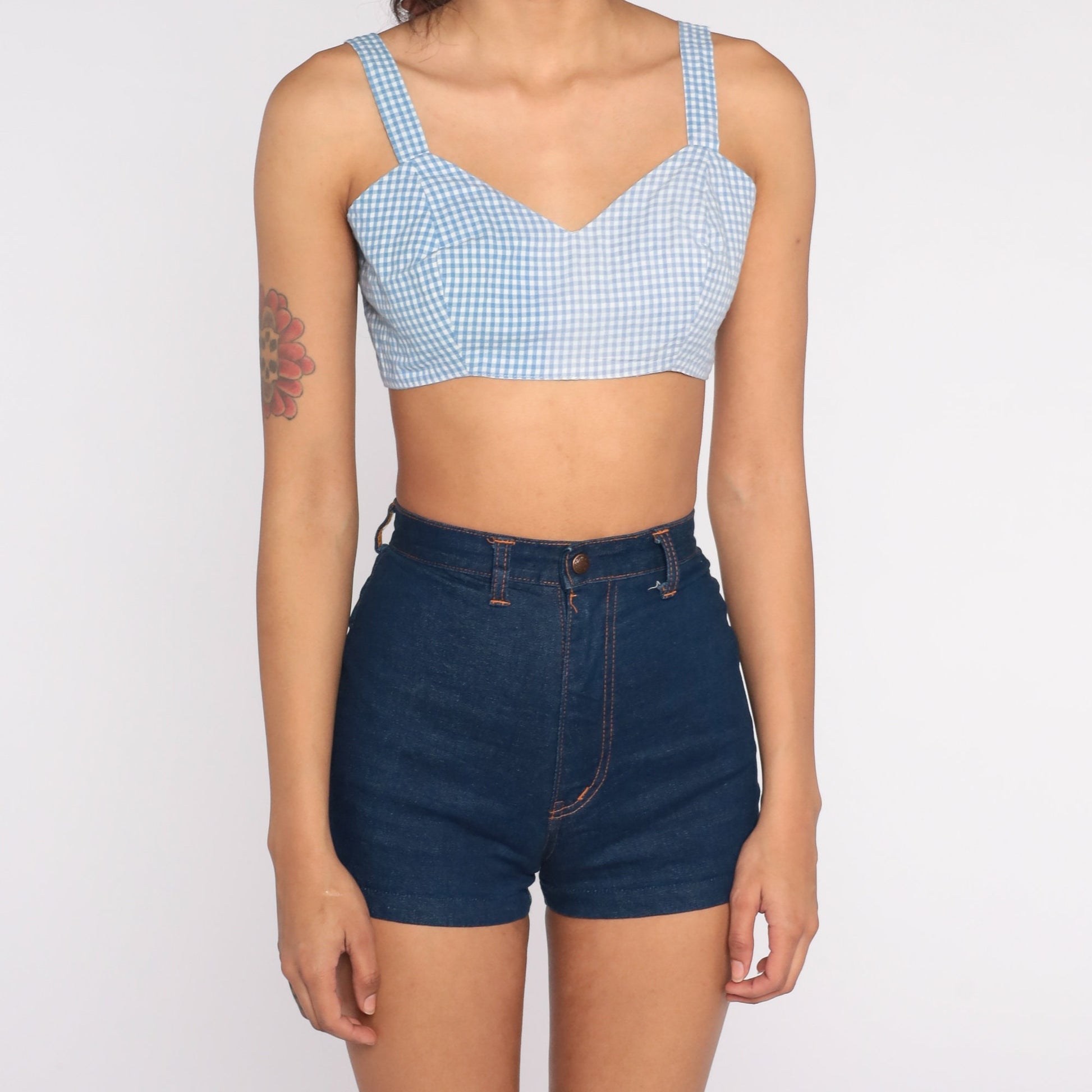 60s Blue Gingham Crop Tank Top Checkered Sleeveless Small