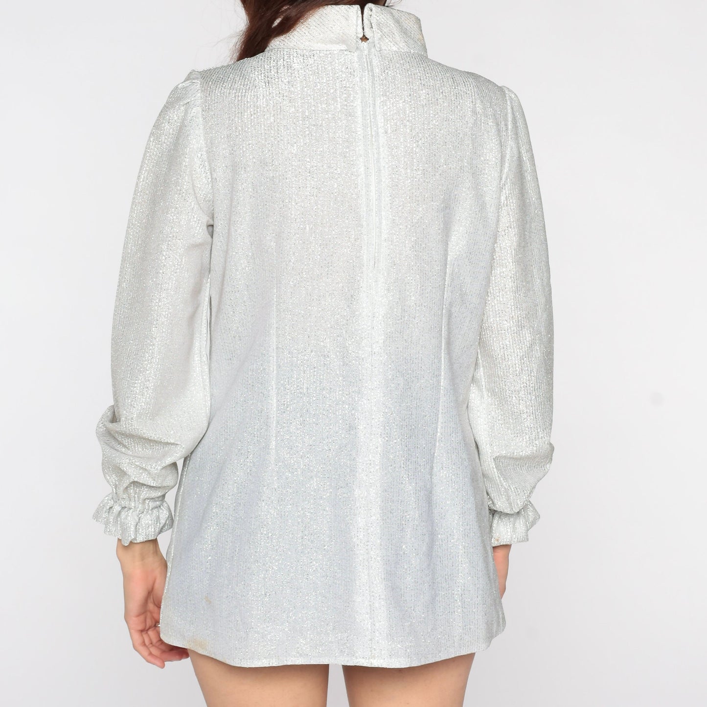 70s Silver Metallic Turtleneck Puff Sleeve Blouse Small