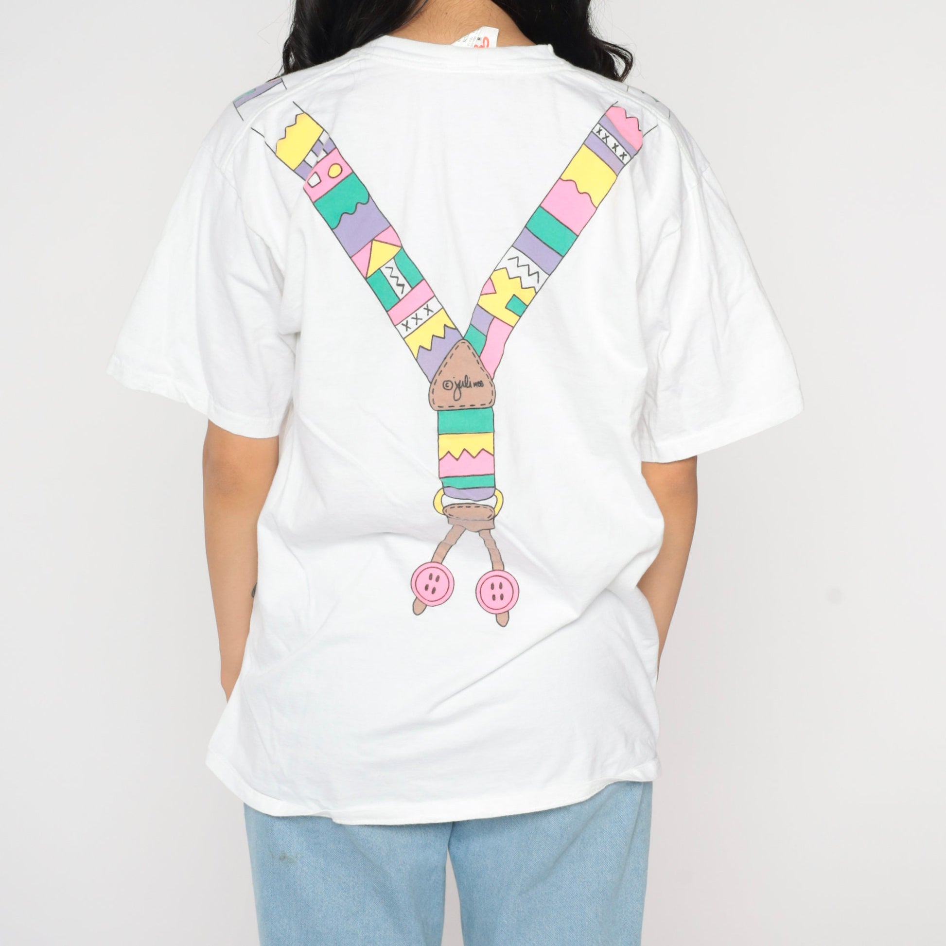 80s Suspenders Graphic Cotton T-Shirt Colorful Print Single Stitch Extra Large