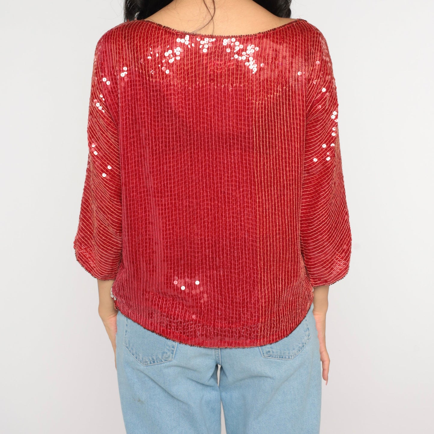 90s Silk Sequin Blouse Red Silver Metallic Color Block Small
