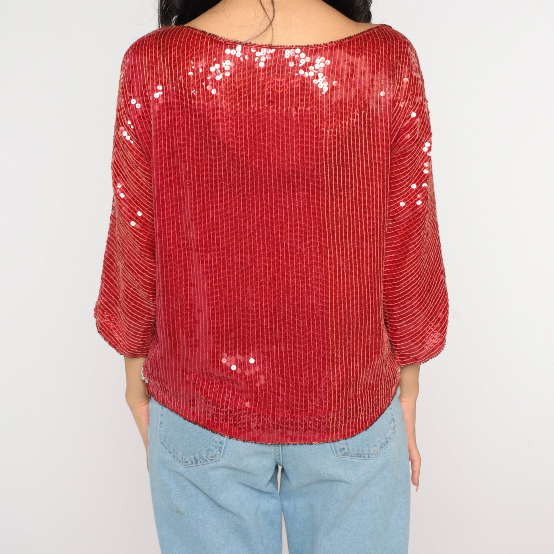 90s Silk Sequin Blouse Red Silver Metallic Color Block Small