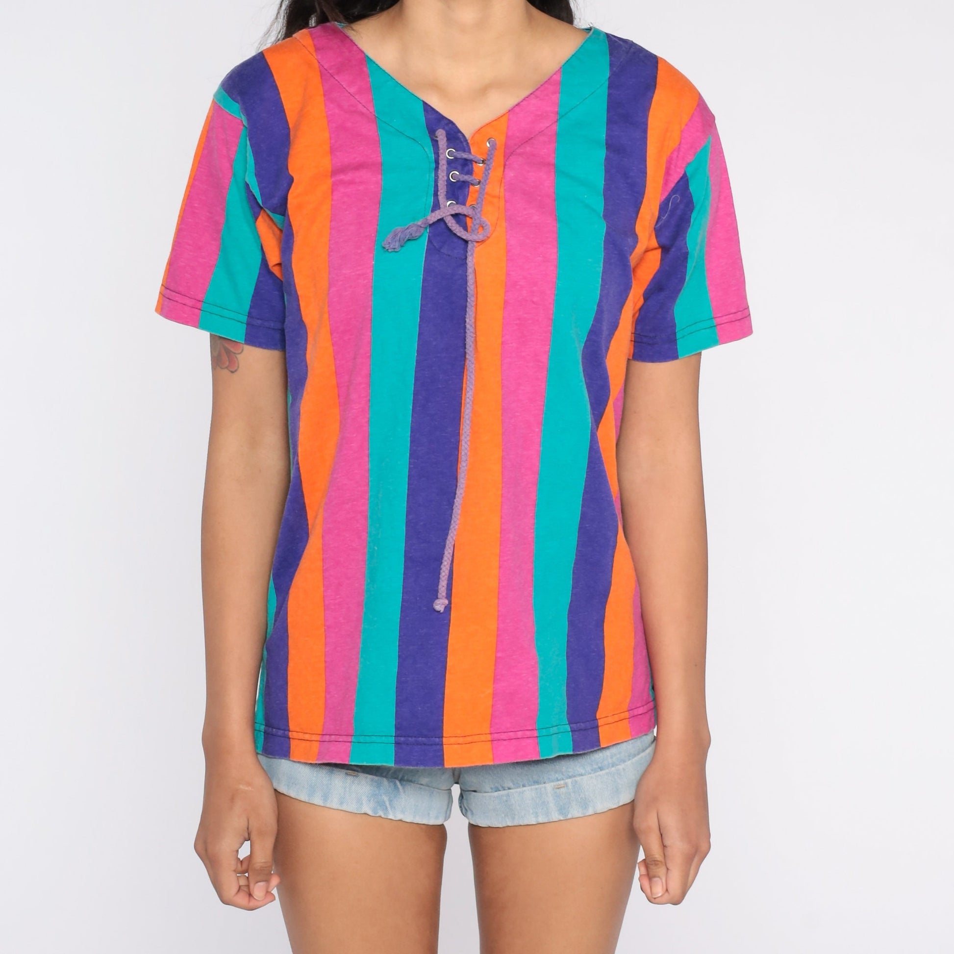 90s Striped Cotton Blouse Lace-Up V-Neck Short Sleeve Pink Orange Blue Purple Medium