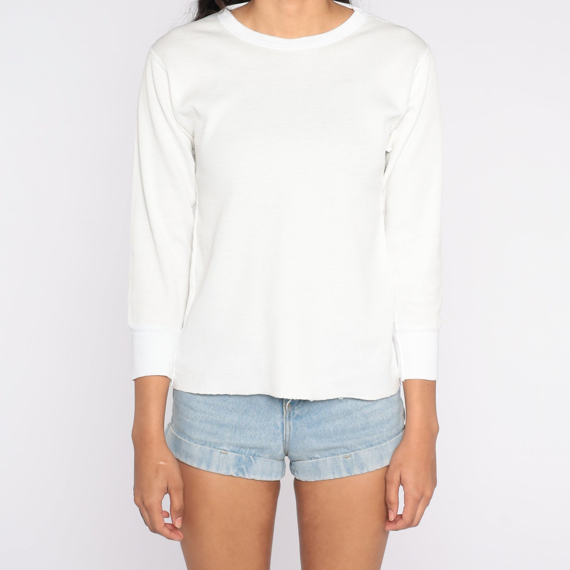 90s White Waffle Knit Thermal Long Sleeve Shirt Medium M