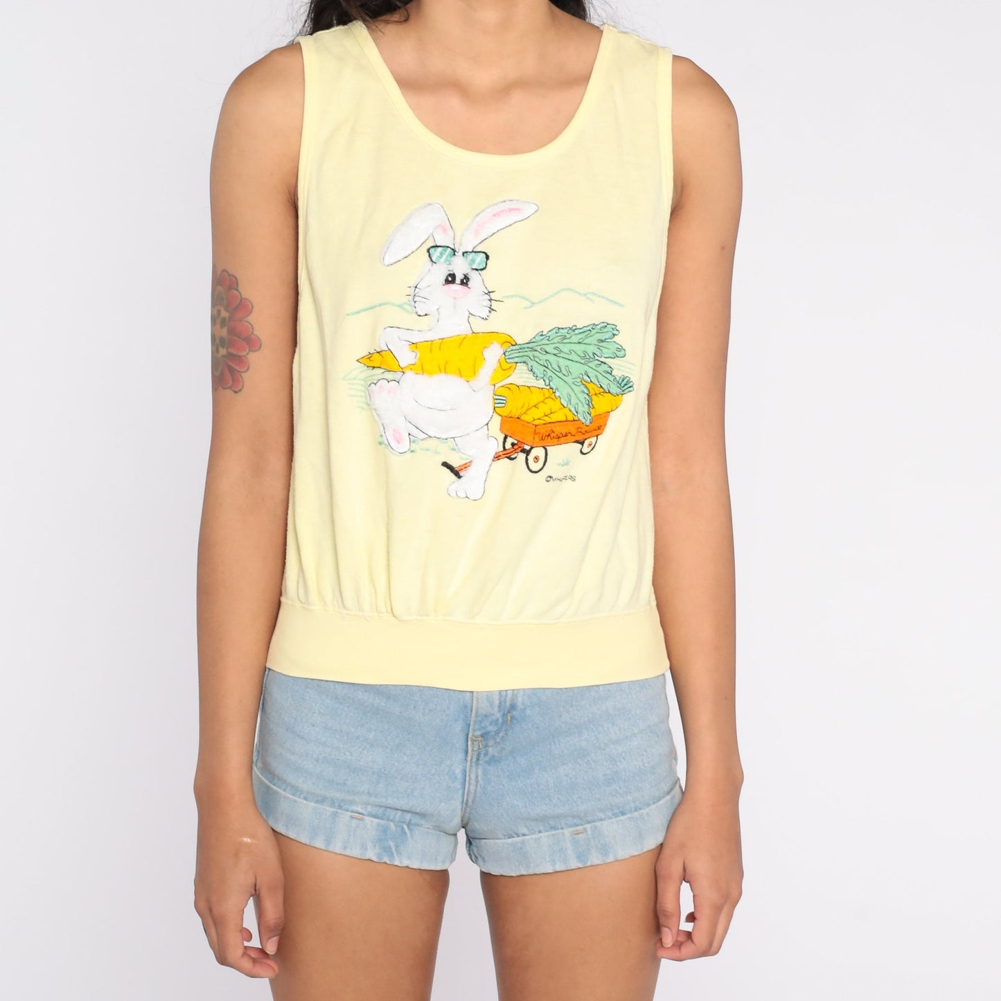 80s Yellow Fuzzy Bunny Tank Top Graphic Sleeveless Blouse Small