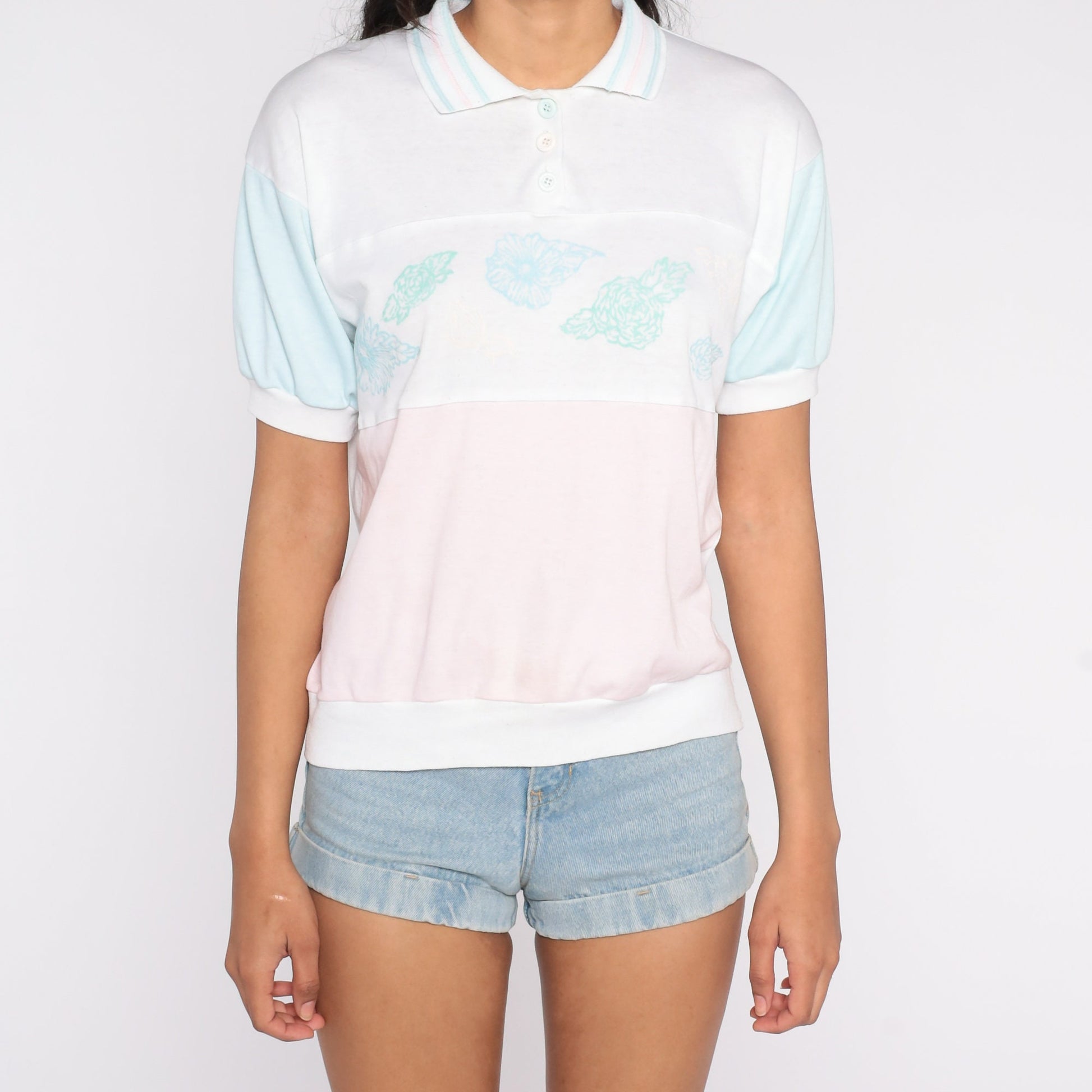 80s Pastel Floral Color Block Polo Shirt White Pink Blue Medium Large