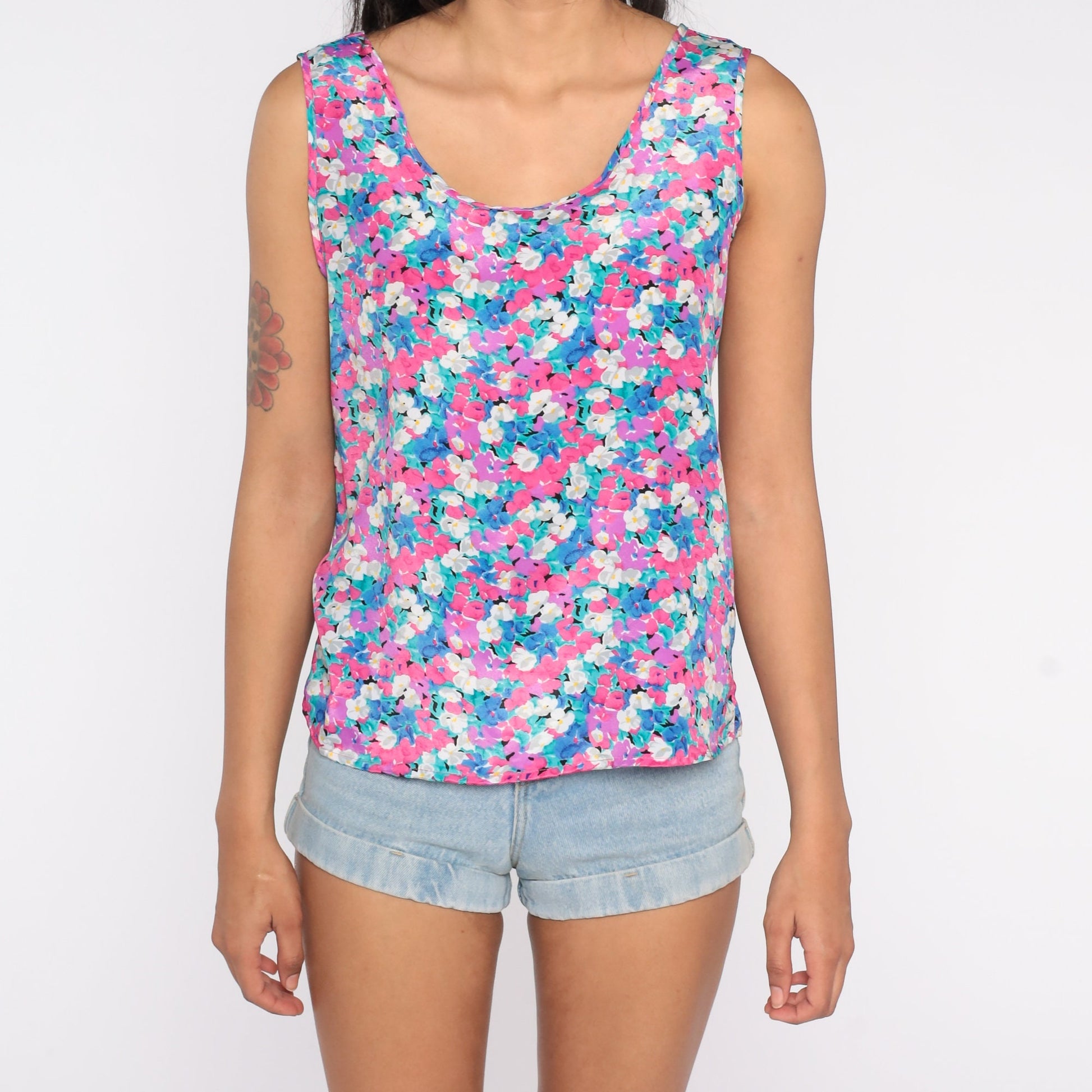 90s Pink Floral Tank Top Sleeveless Blouse Flower Print Small S