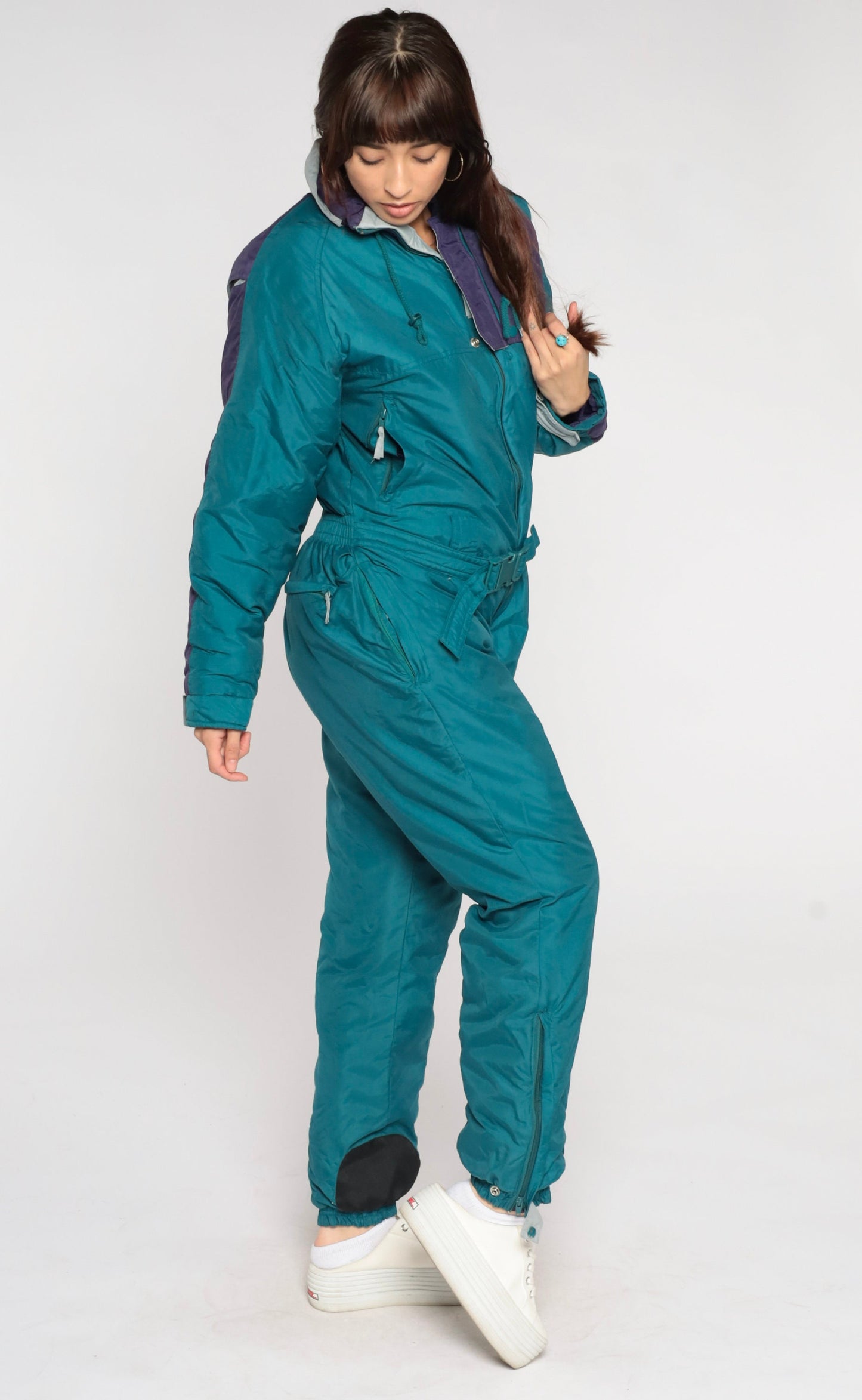 90s Teal Green Color Block Ski Suit One-Piece Jumpsuit Medium M