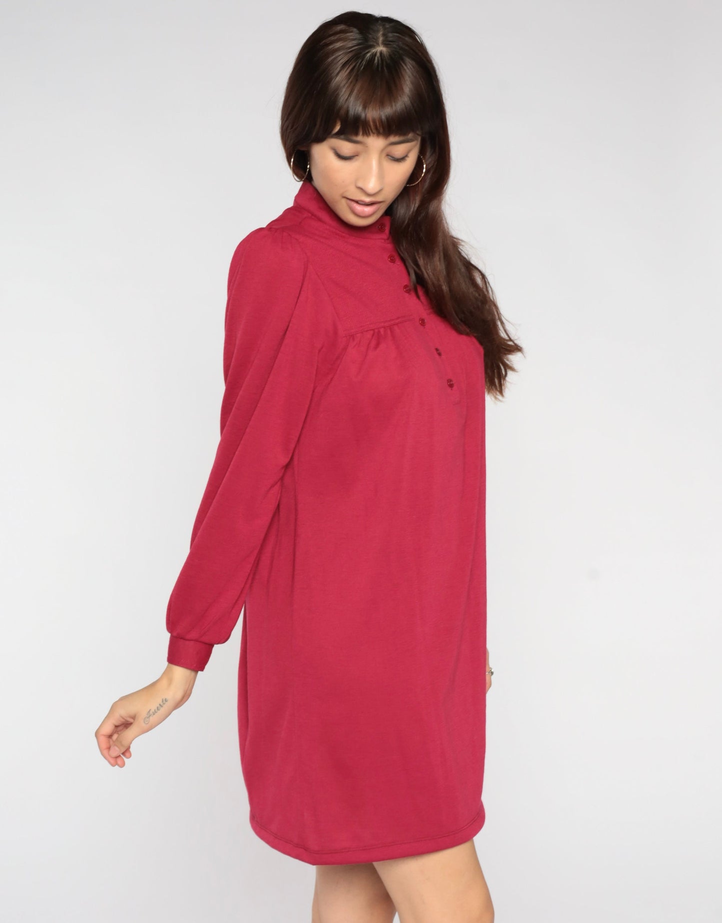 70s Leslie Fay Berry Red Mini Dress Puff Sleeve Button Bib Medium