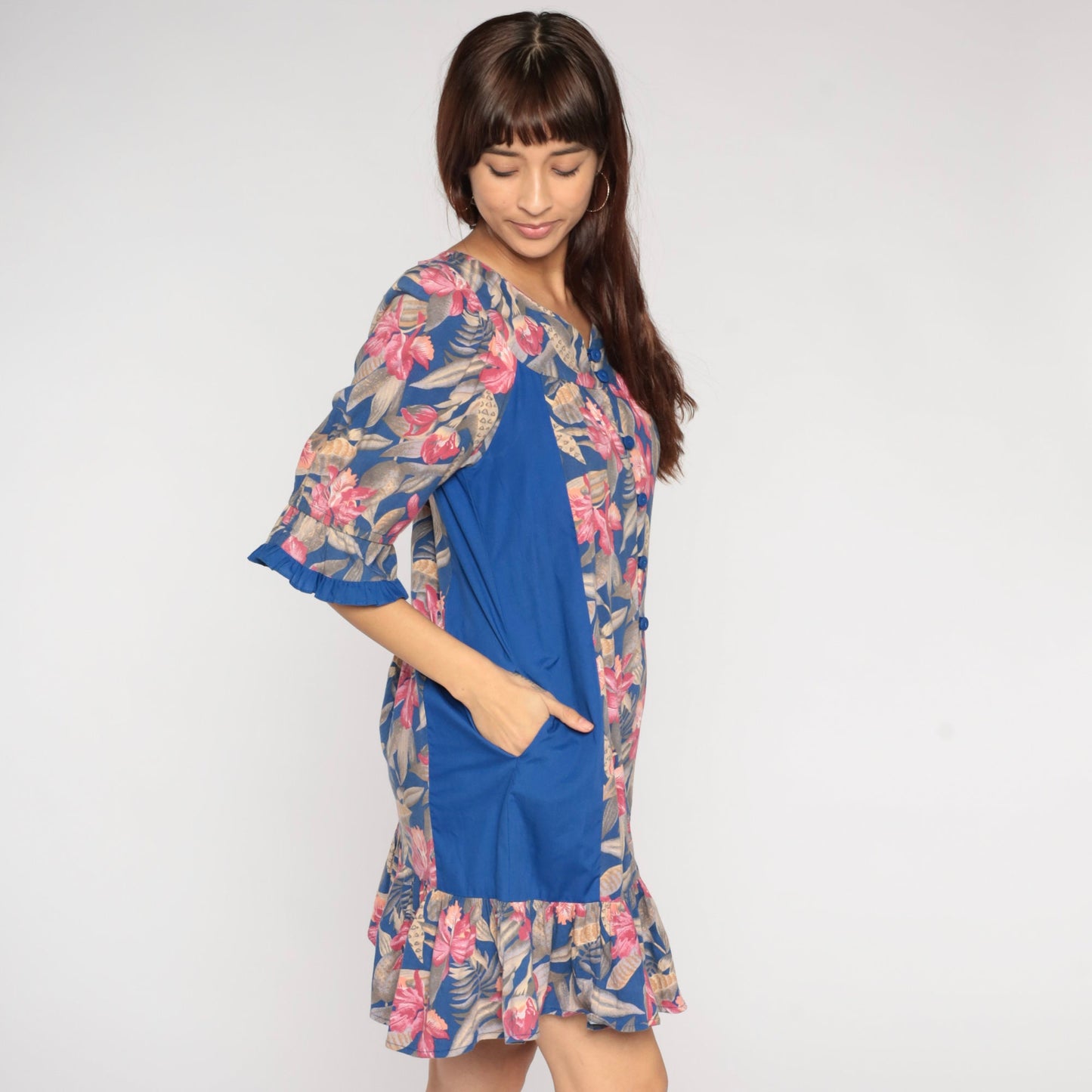 80s Tori Richard Tropical Floral Mini Dress Blue Button-Up Small