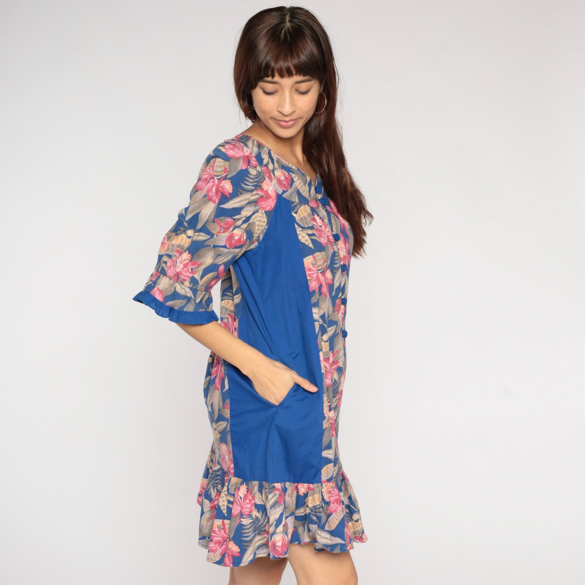 80s Tori Richard Tropical Floral Mini Dress Blue Button-Up Small