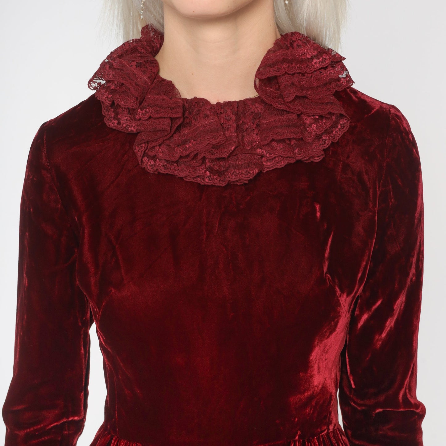60s Red Velvet Midi Dress Lace Ruffle Long Sleeve High Waist Extra Small