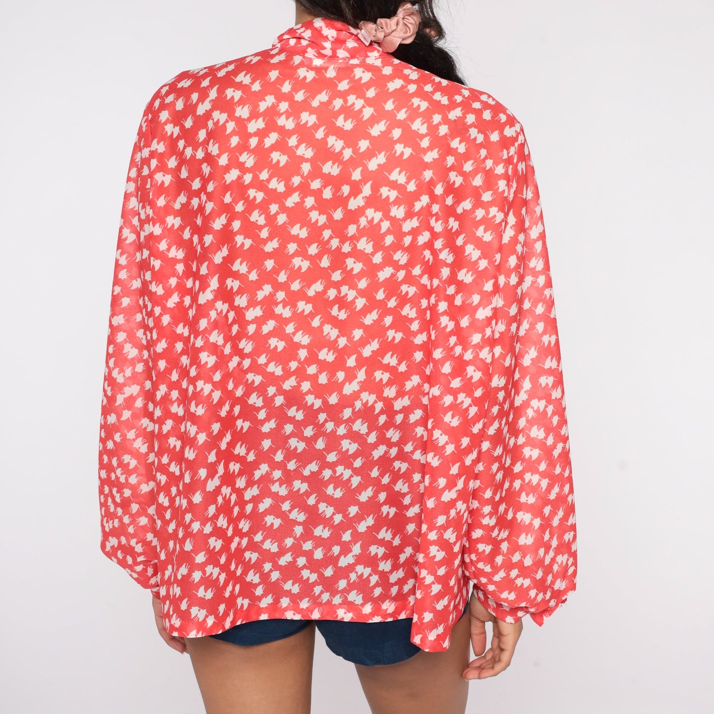 70s Red Abstract Leaf Print Ascot Blouse Long Sleeve Button Up Extra Large