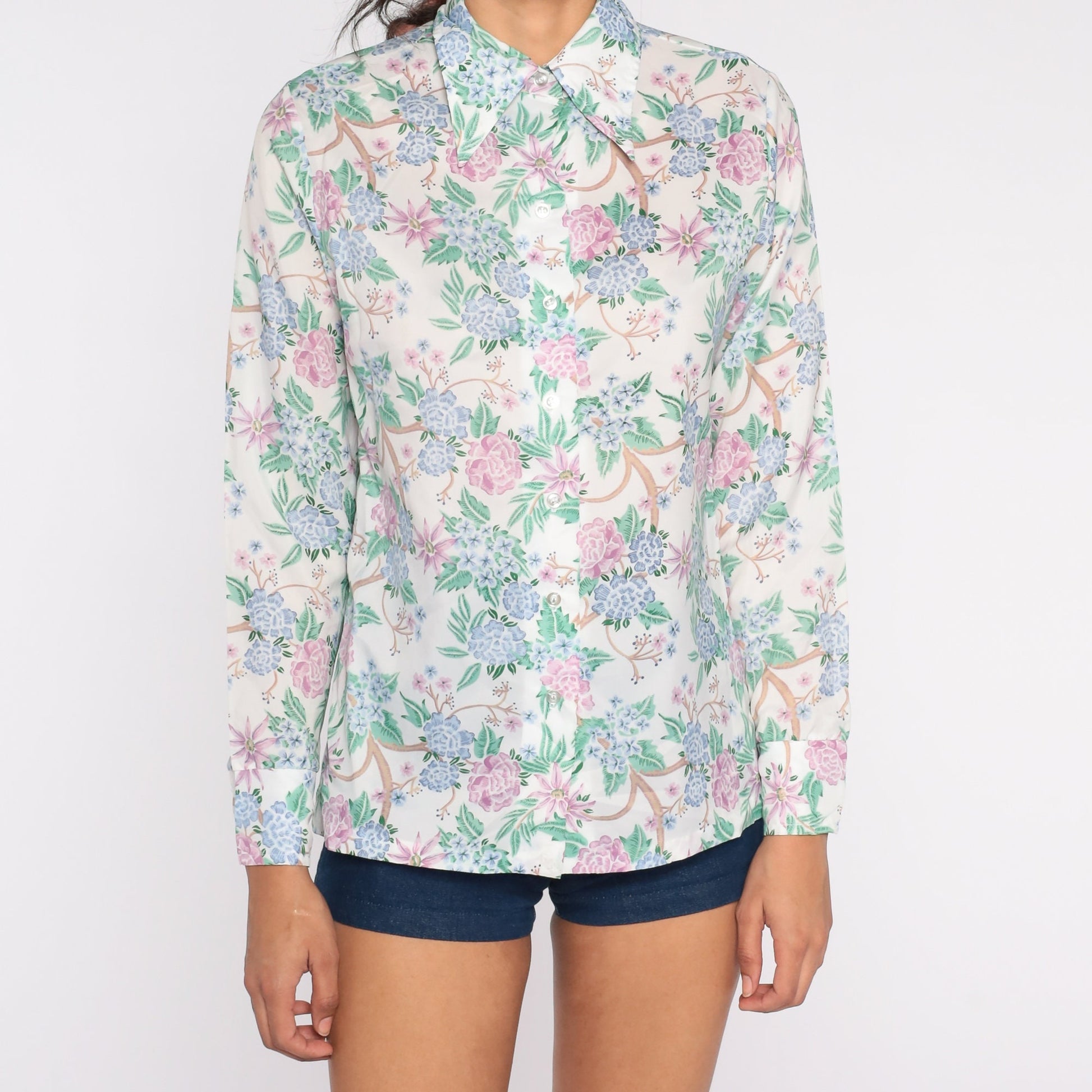 70s Floral Button-Up Shirt White Pointed Collar Long Sleeve Small S