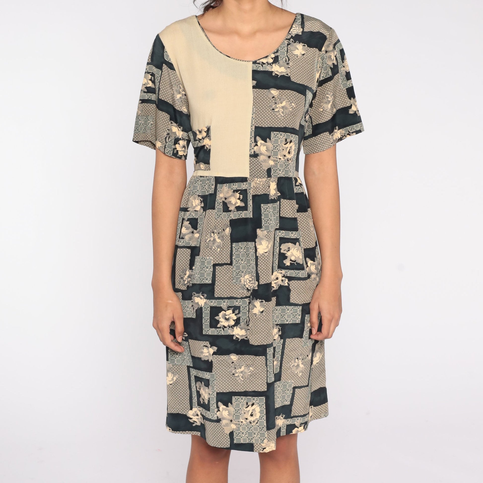 90s Geometric Floral Midi Dress High Waist Short Sleeve Taupe Medium