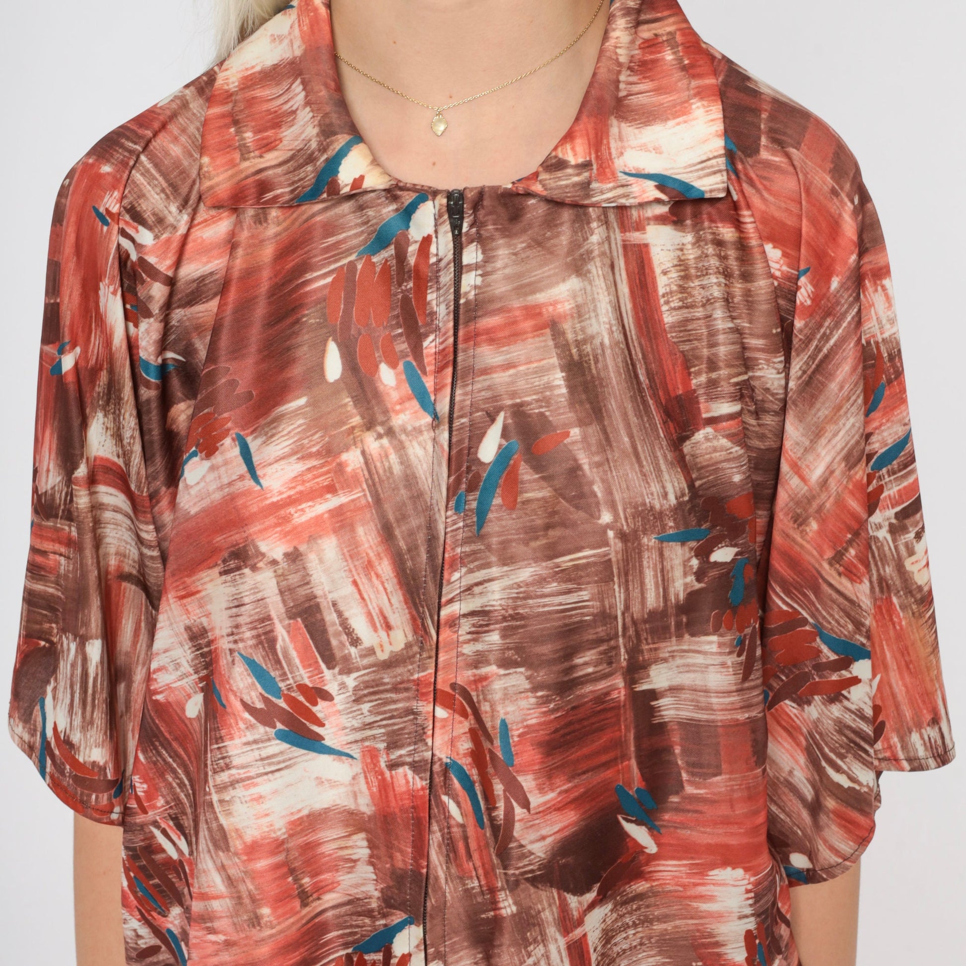 70s Angel Sleeve Zip Blouse Abstract Brushstroke Print Shirt One Size