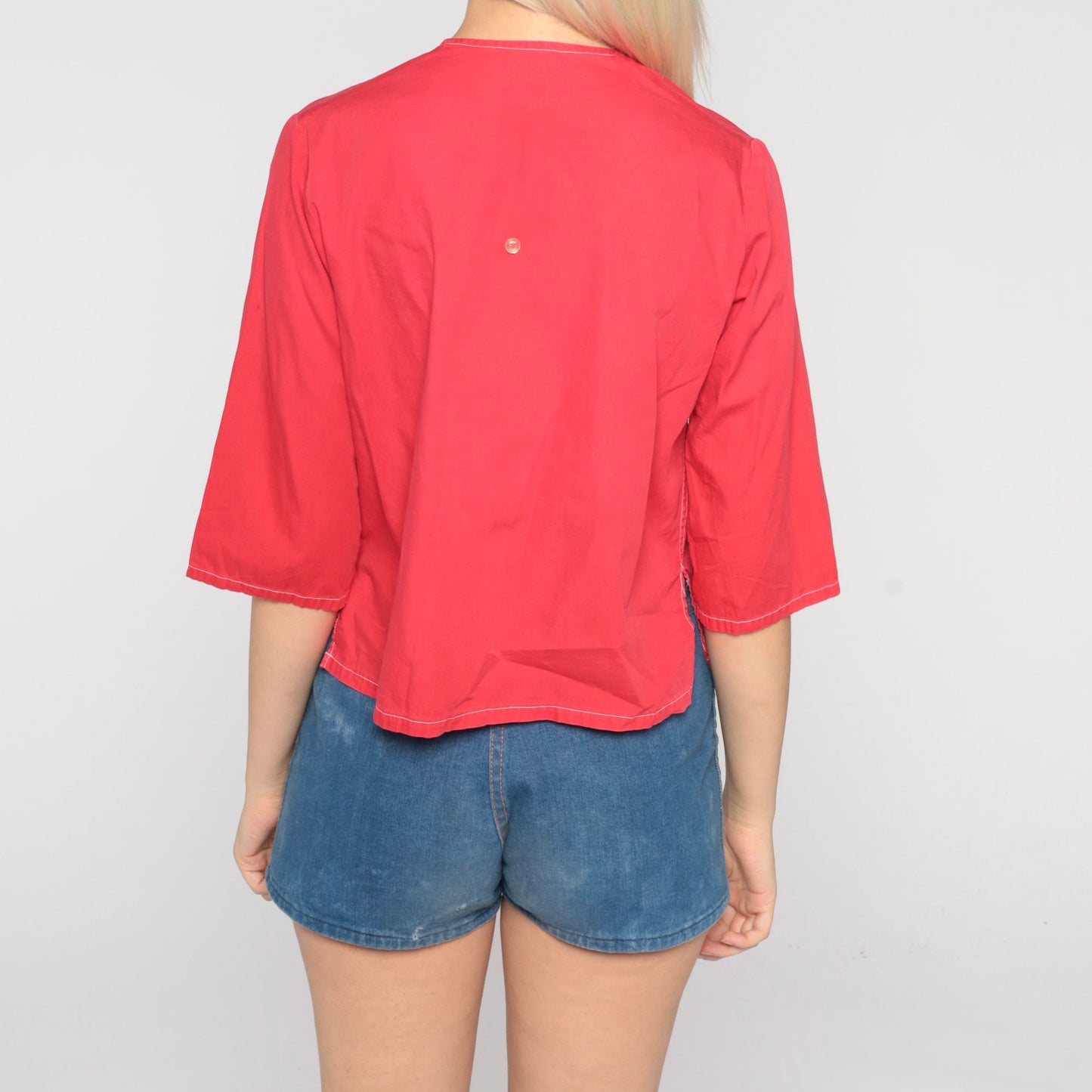 70s Red Button-Up Blouse Short Sleeve Chest Pockets Small