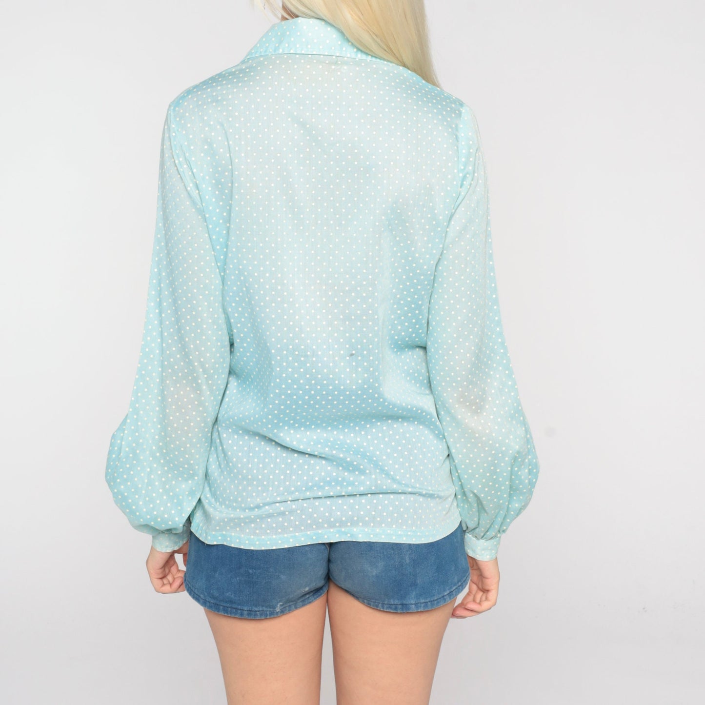 70s Baby Blue Polka Dot Blouse Balloon Sleeve Dagger Collar Button Up Small
