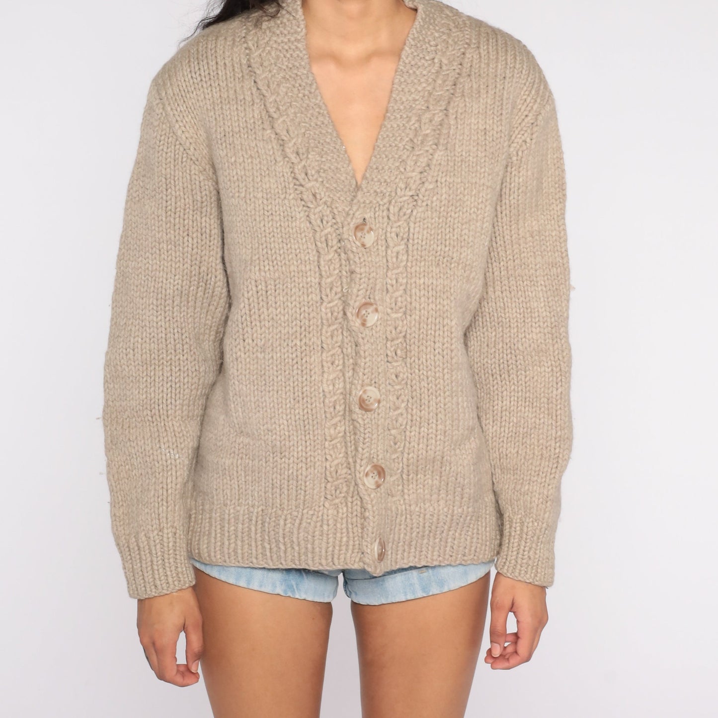 60s Taupe Wool Cardigan Button-Up Knit Sweater Large L