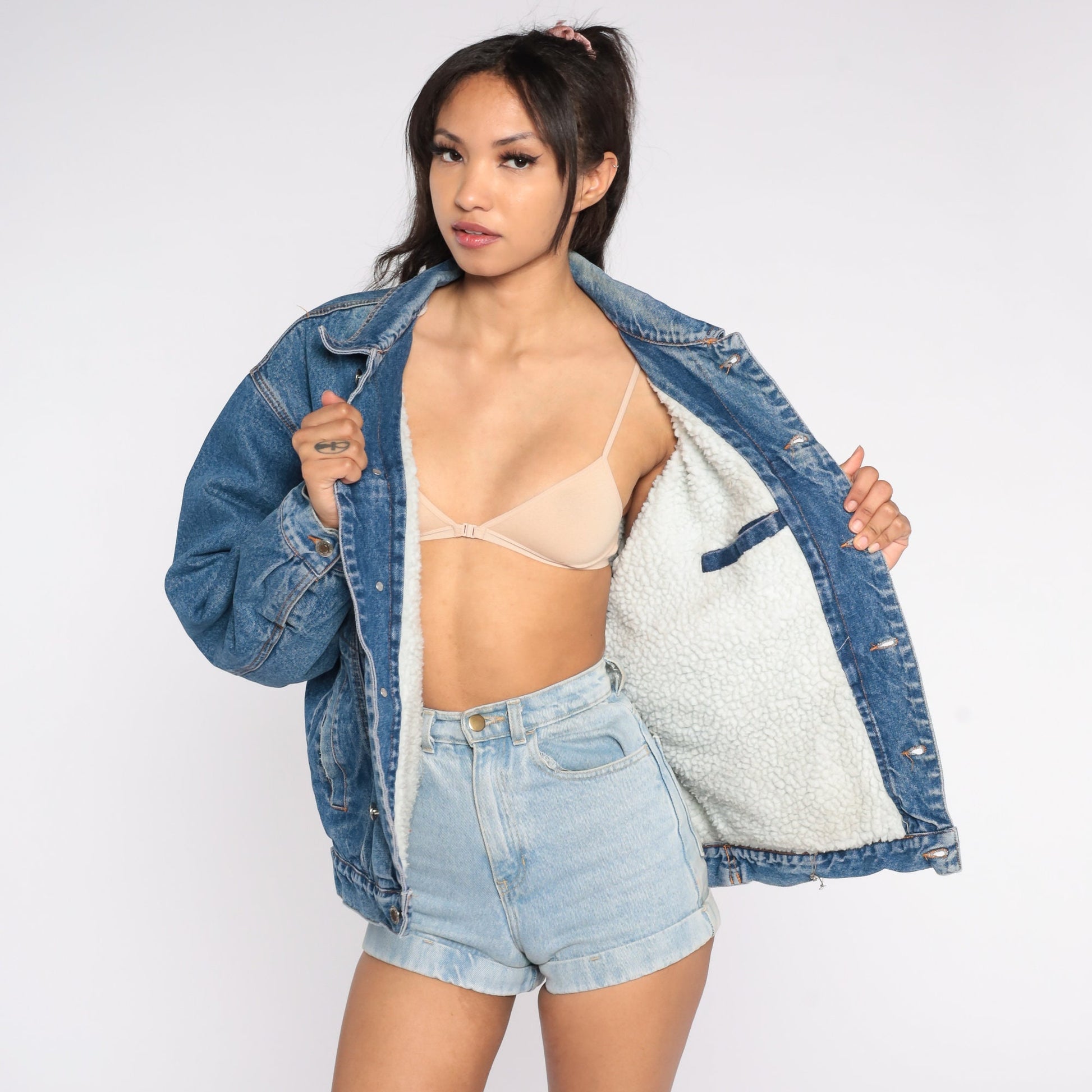 80s AG Jeans Denim Jacket Shearling Lined Button Up Blue Large