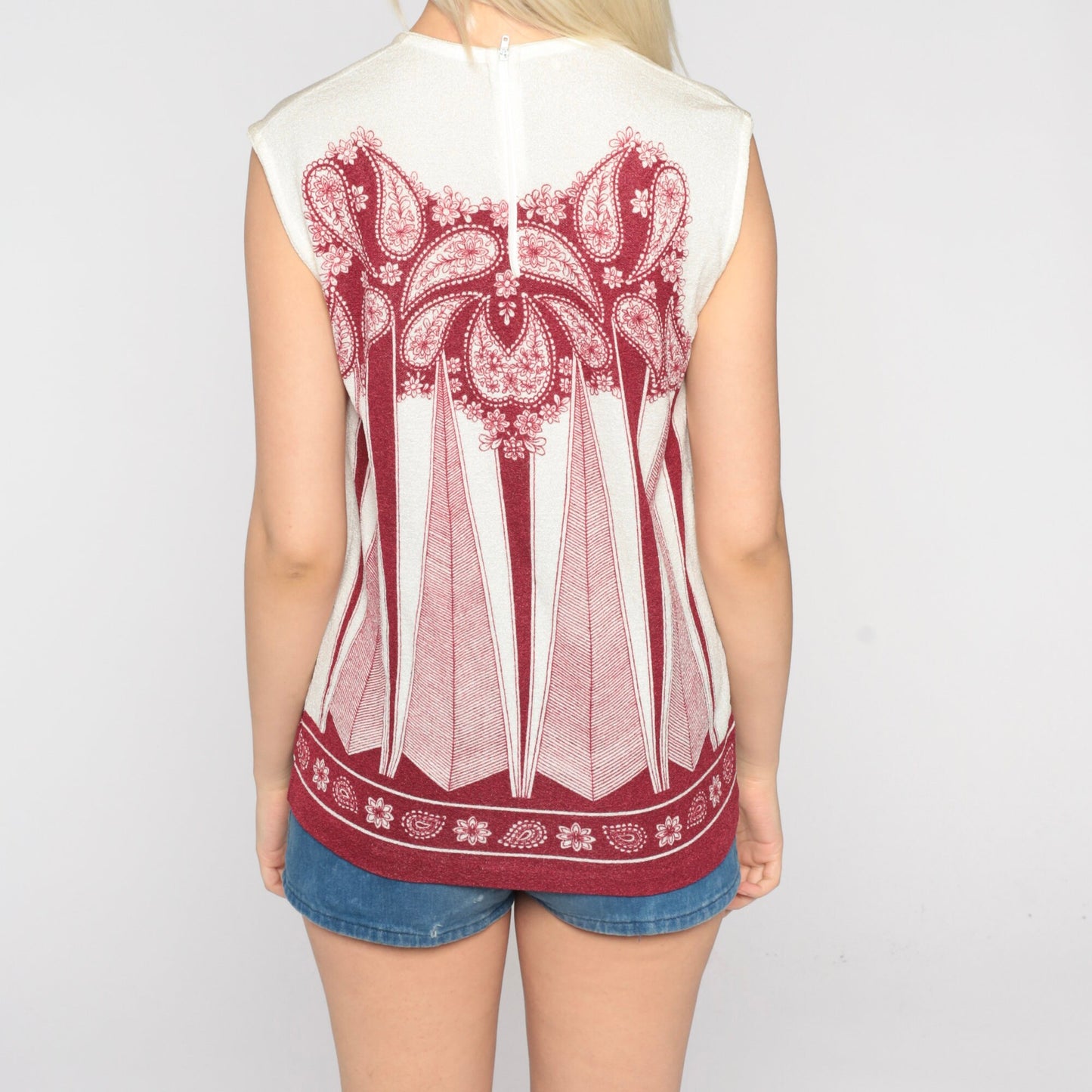70s Geometric Paisley Tank Top White Red Psychedelic Print Medium