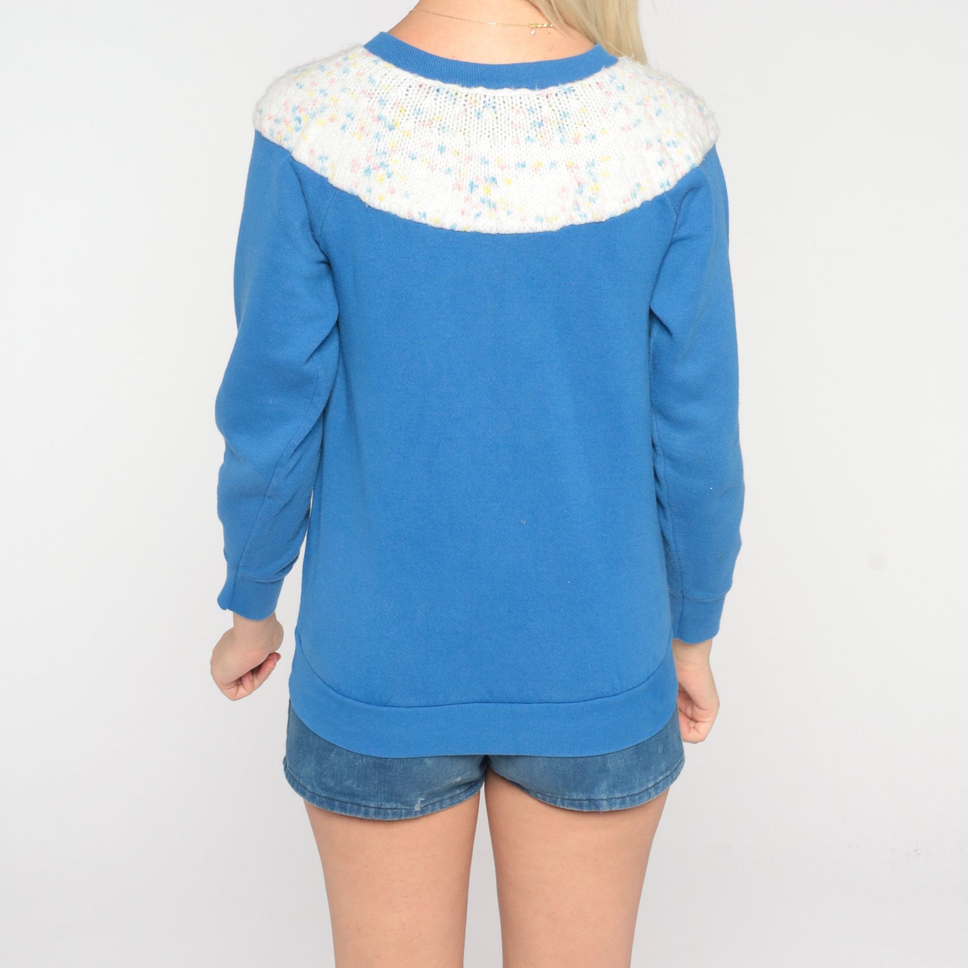 80s Blue Knit Yoke Raglan Sweatshirt Flecked Crewneck Small