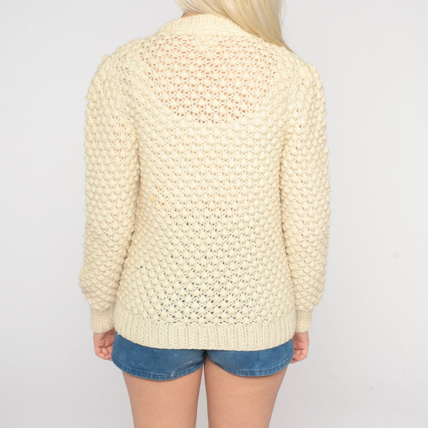 60s Cream Wool Cardigan Button-Up Knit Sweater Small S