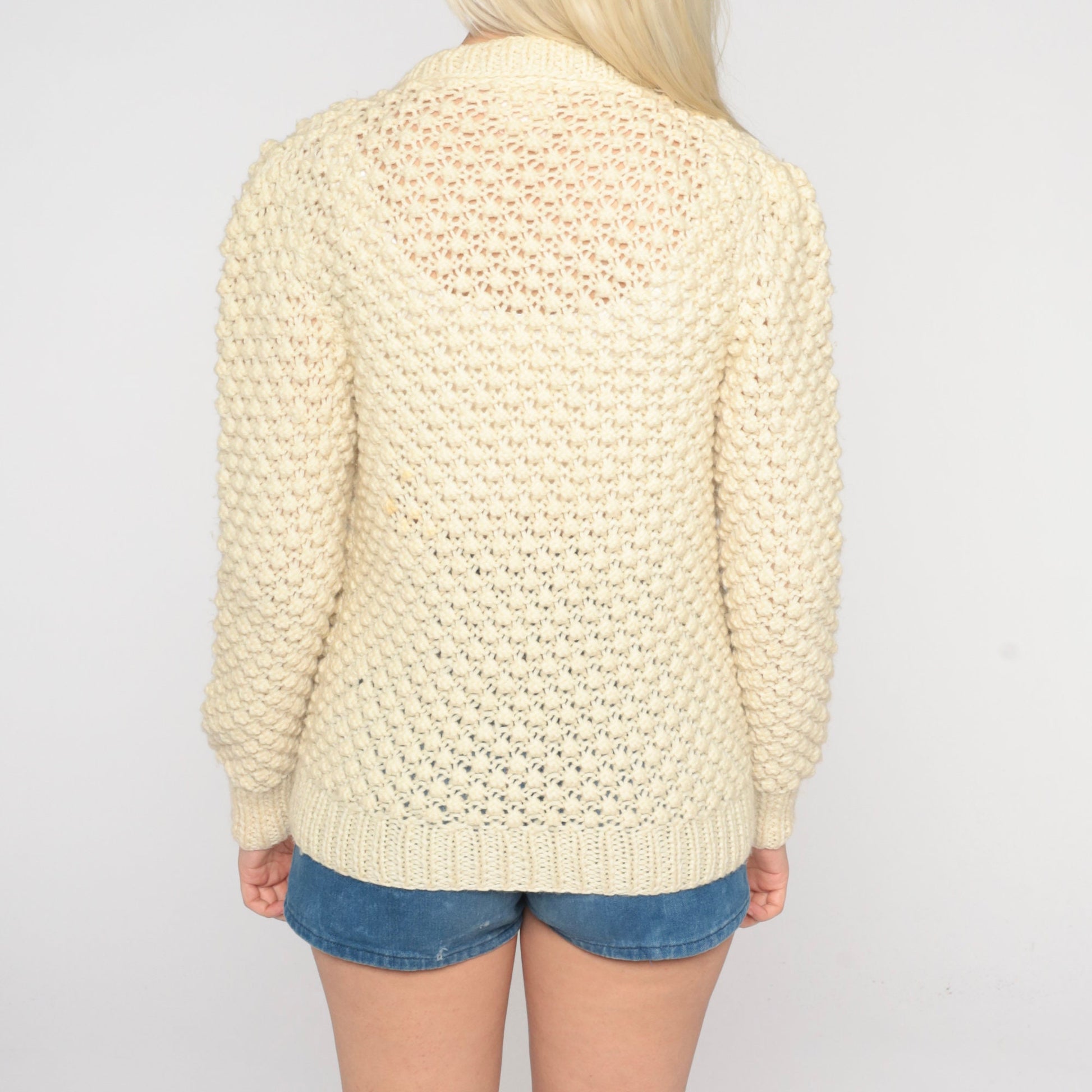 60s Cream Wool Cardigan Button-Up Knit Sweater Small S