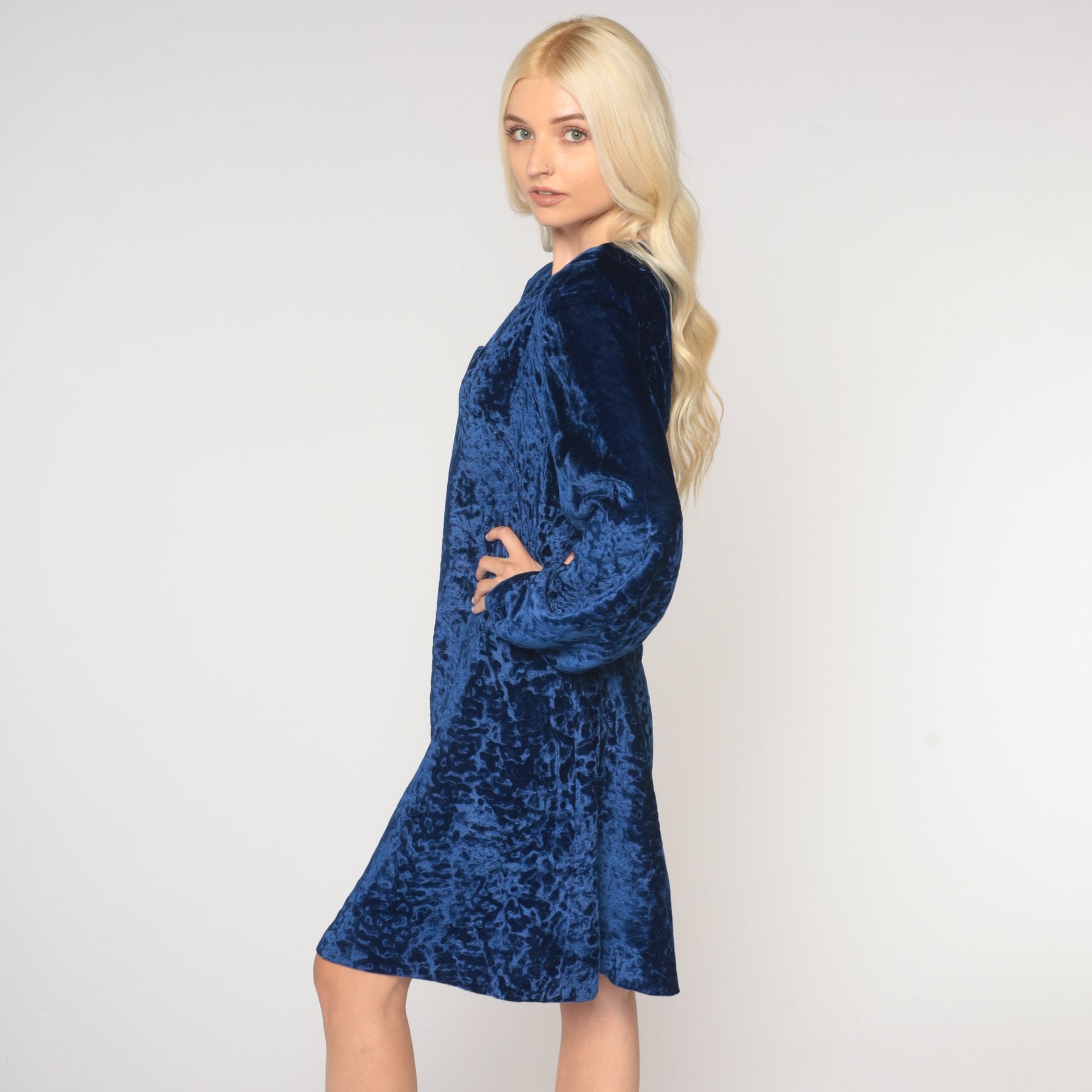 60s Blue Velvet Mini Dress Shift Cut Long Sleeve Asymmetrical Neckline Small