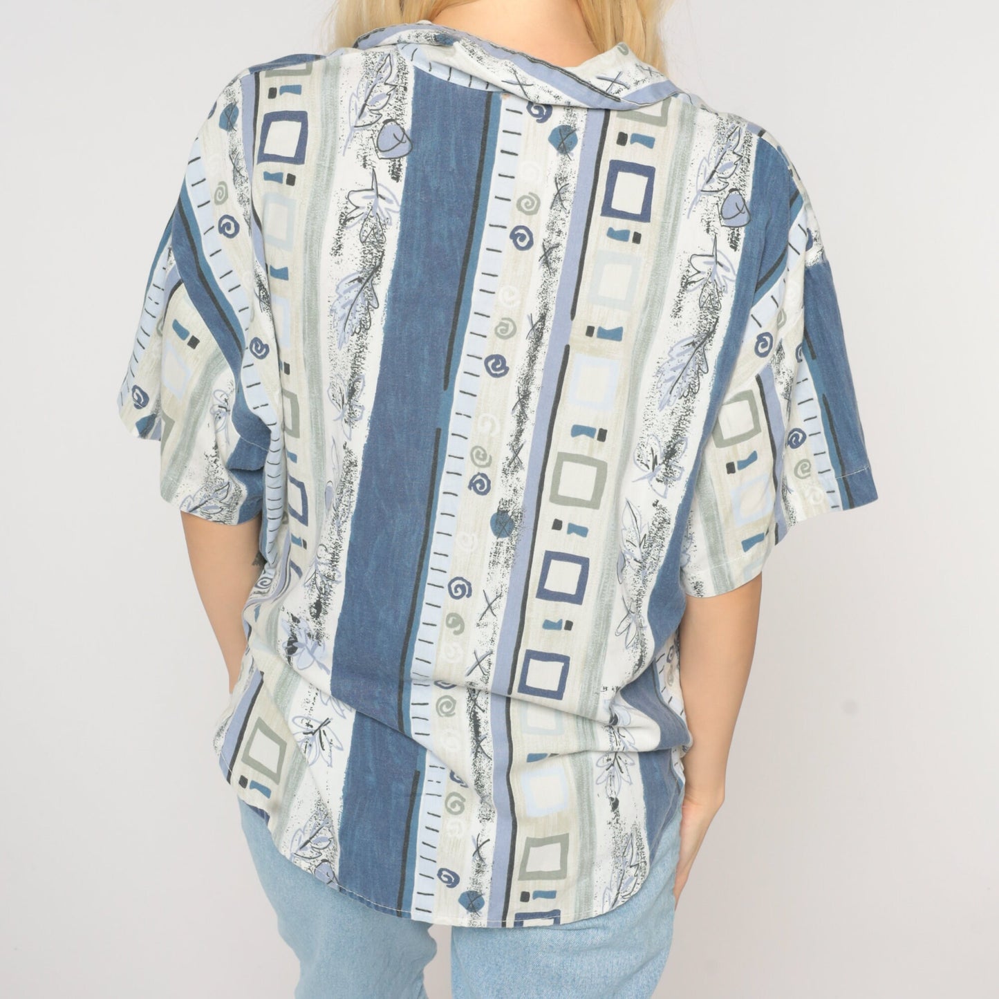 90s Geometric Striped Button Up Blouse Blue White Leaf Print Large L