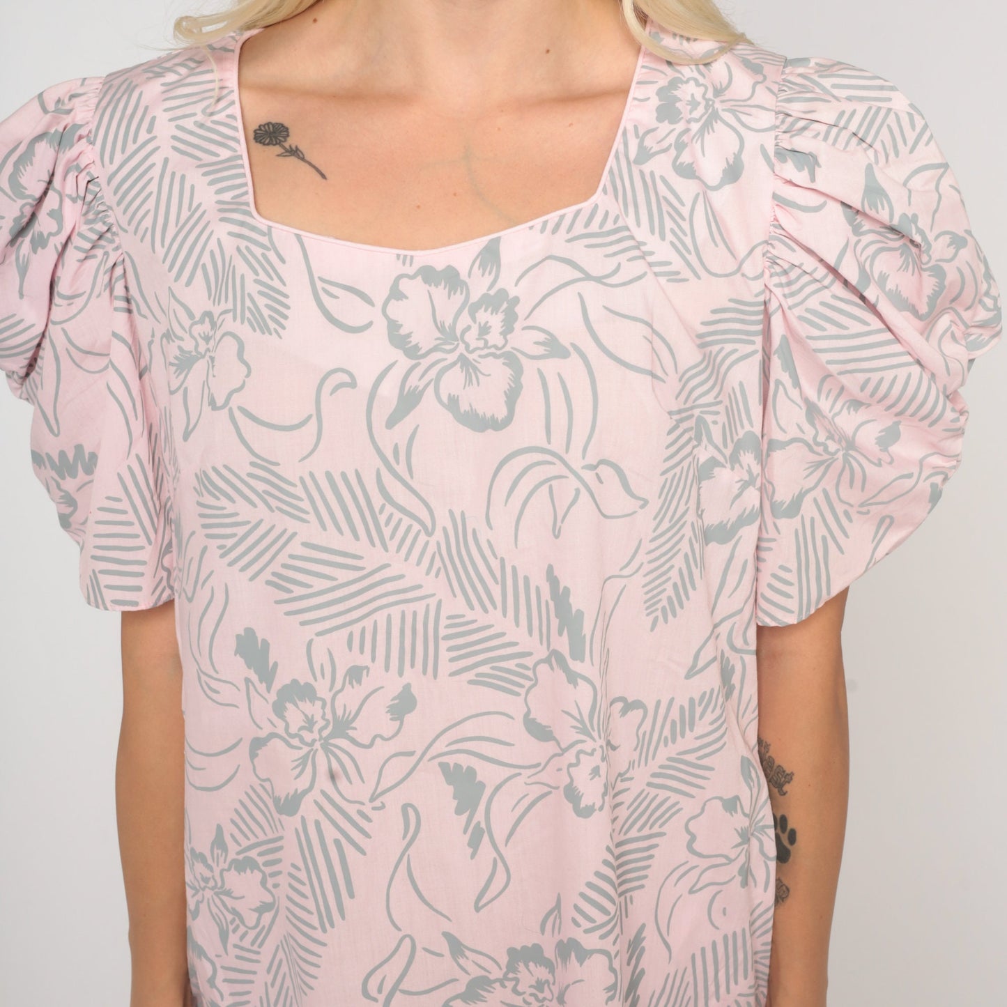 80s Floral Mini Dress Puff Sleeve Shift Dress Pink Botanical Small S