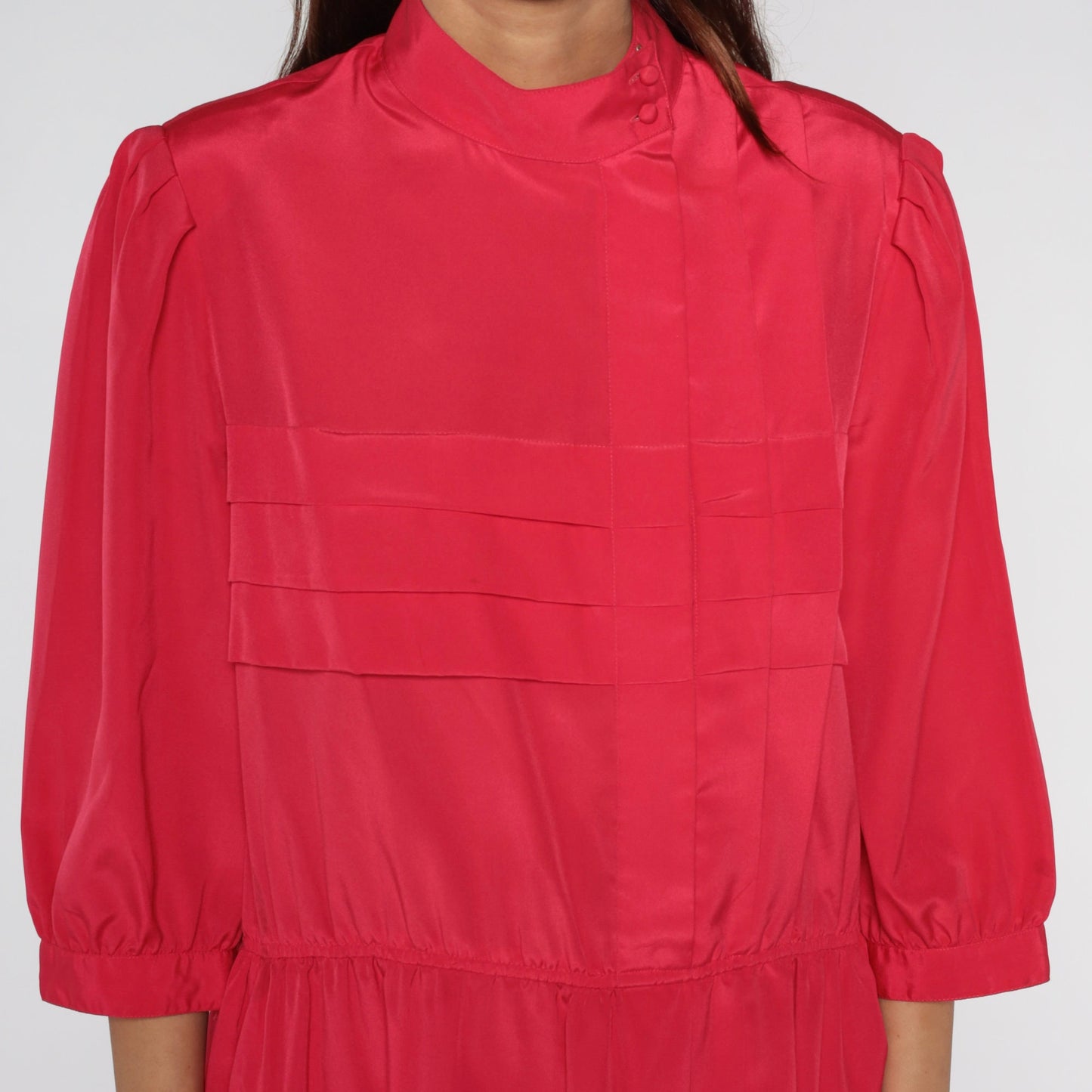 00s Hibiscus Pink Mini Dress Mock Neck Pleated High Waist Large L