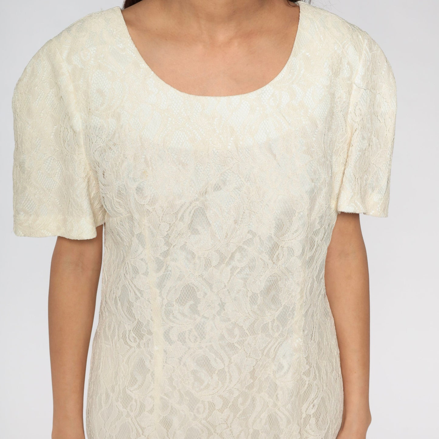 90s Off-White Lace Mini Dress Short Sleeve Sheath Cocktail Large L