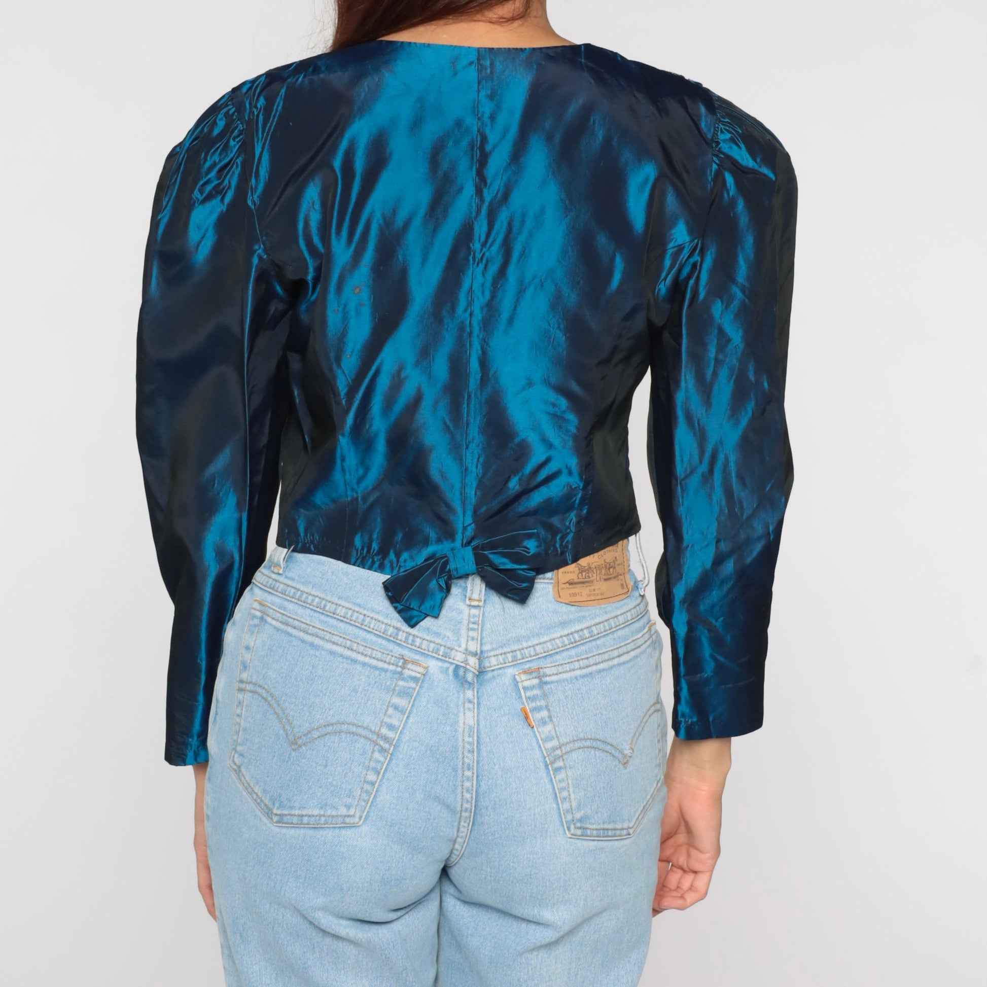 80s Metallic Blue Floral Lace Puff Sleeve Blouse Button Up Small