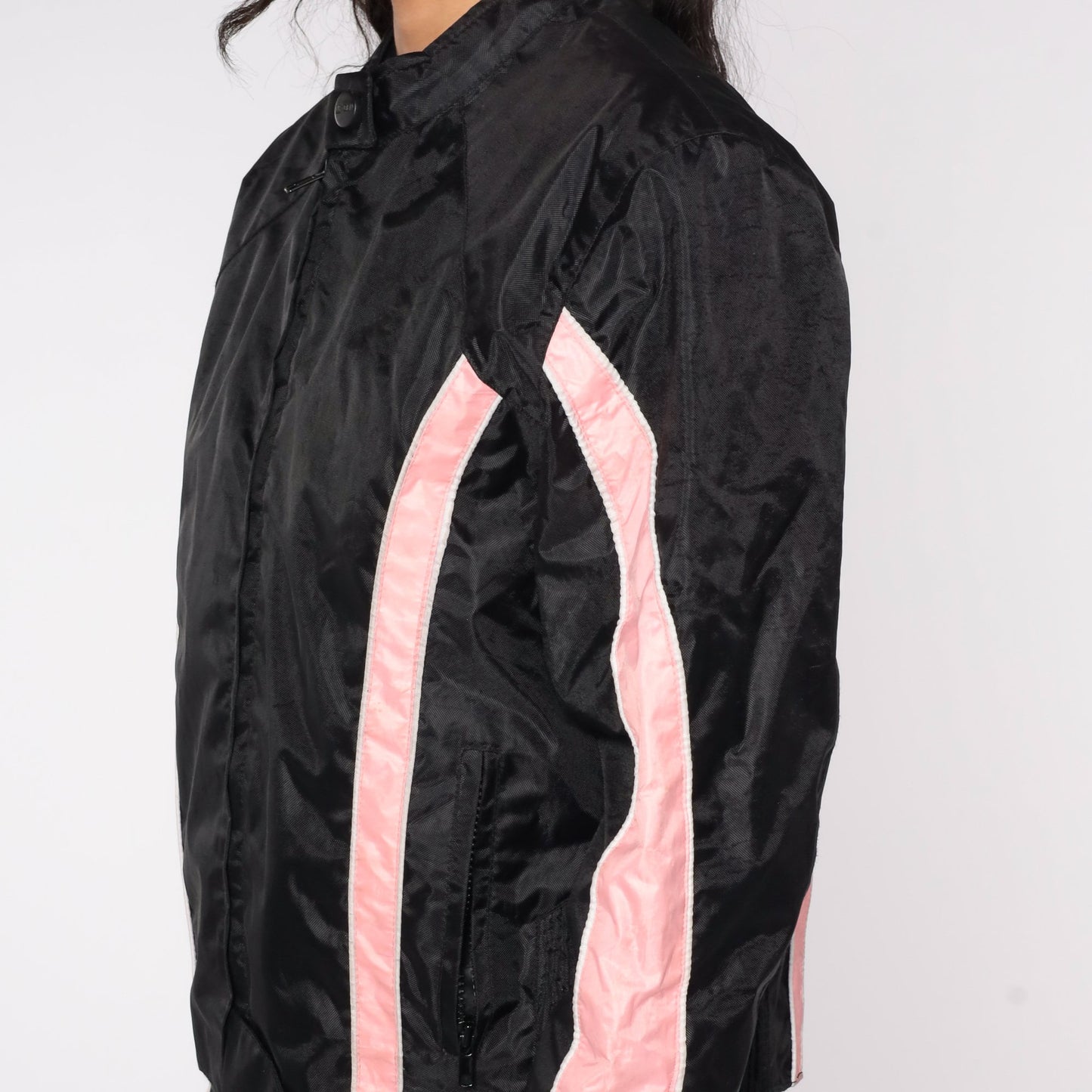 Y2K Black Moto Jacket Pink Stripes Biker Motorcycle Coat Small S