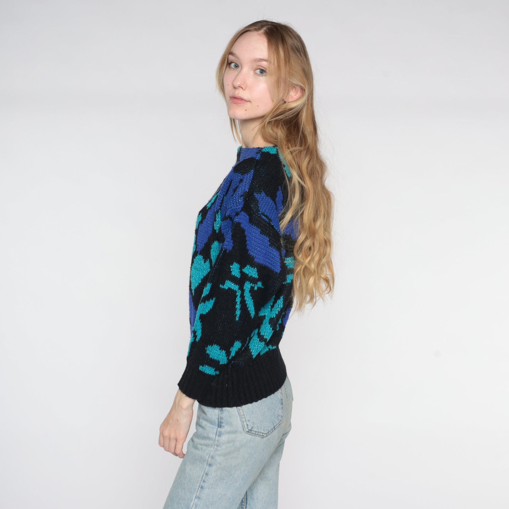 80s St. Michael Metallic Floral Knit Sweater Black Boat Neck Medium
