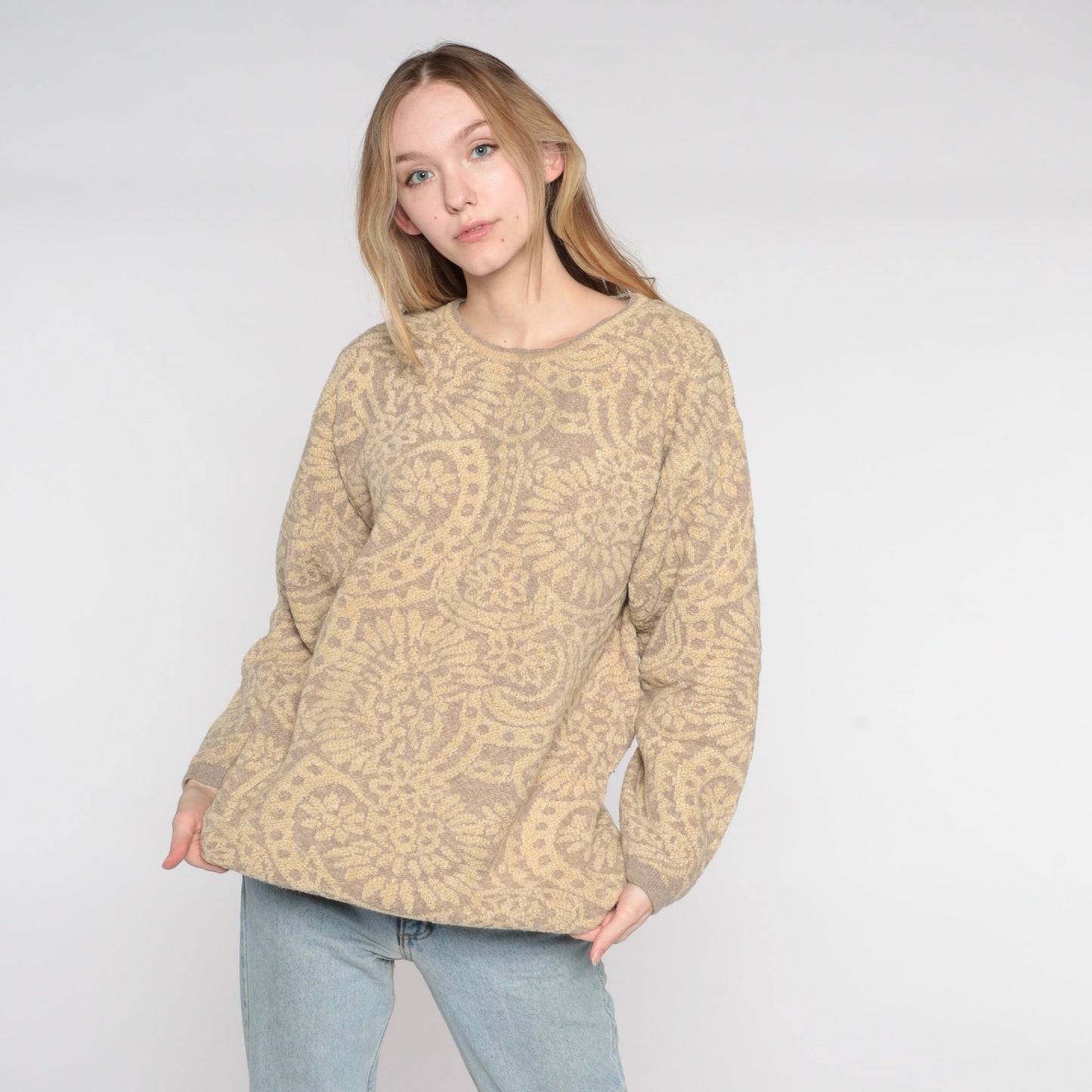 90s Tan Floral Wool Blend Sweater Italian Made Pullover Medium