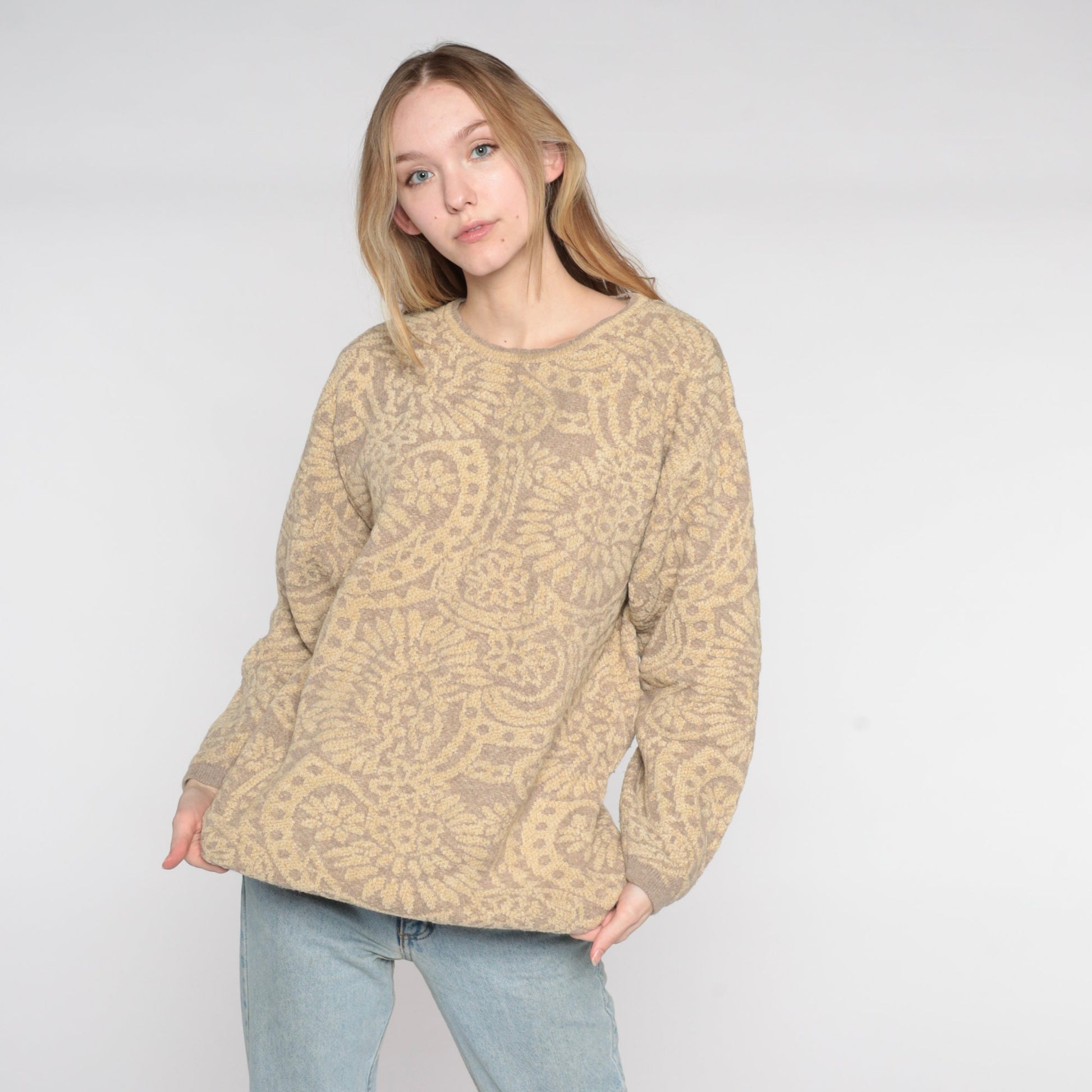 90s Tan Floral Wool Blend Sweater Italian Made Pullover Medium