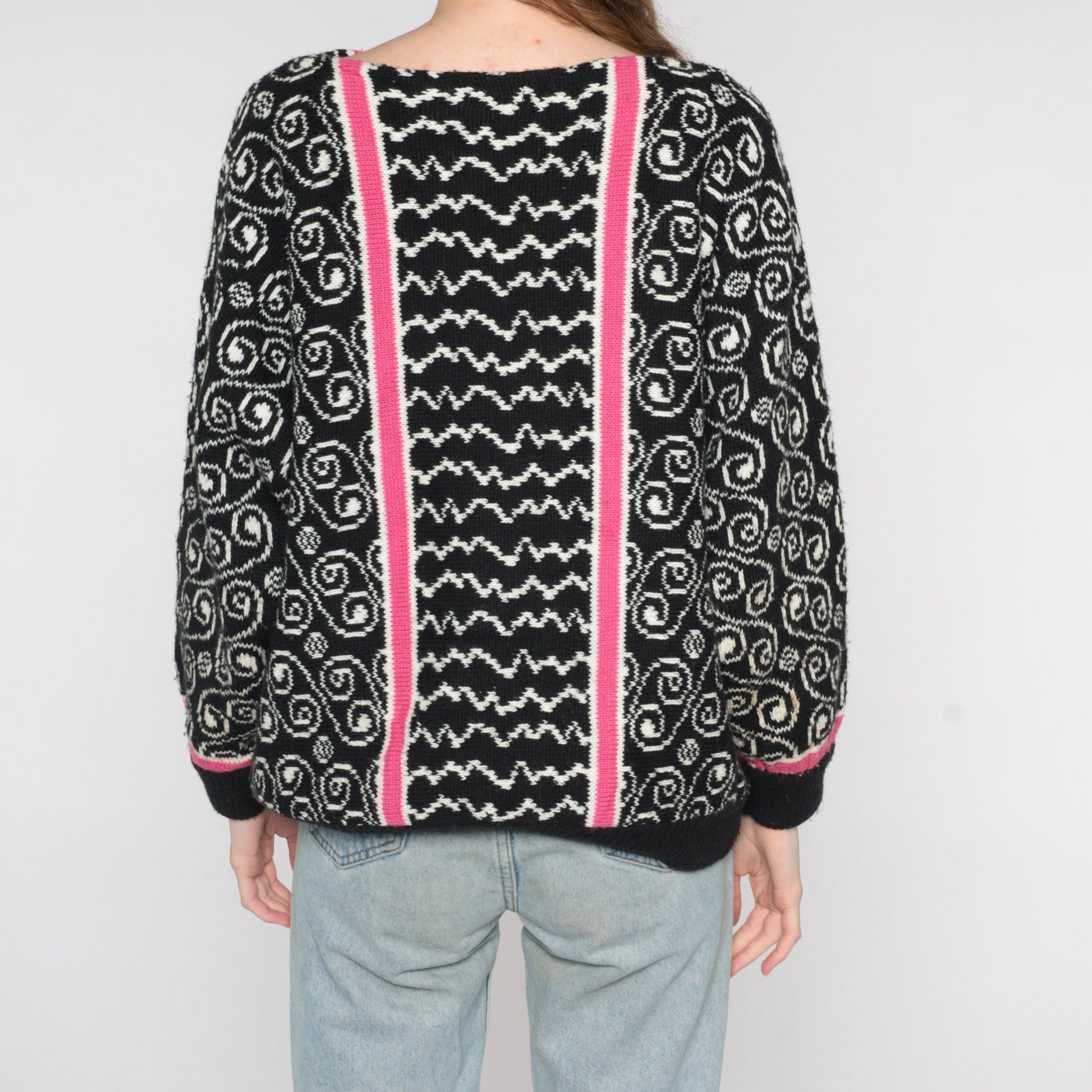 80s Black Swirl Stripe Knit Sweater Pink White Abstract Pullover Small