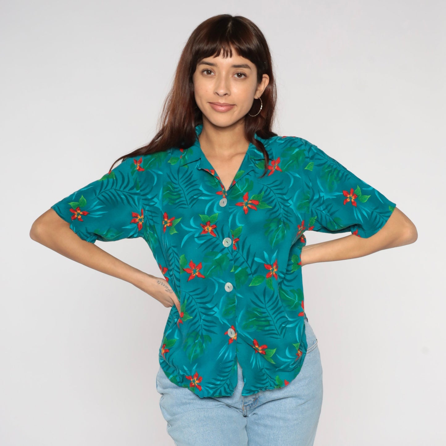 90s Tropical Floral Button-Up Blouse Teal Leaf Print Short Sleeve Small