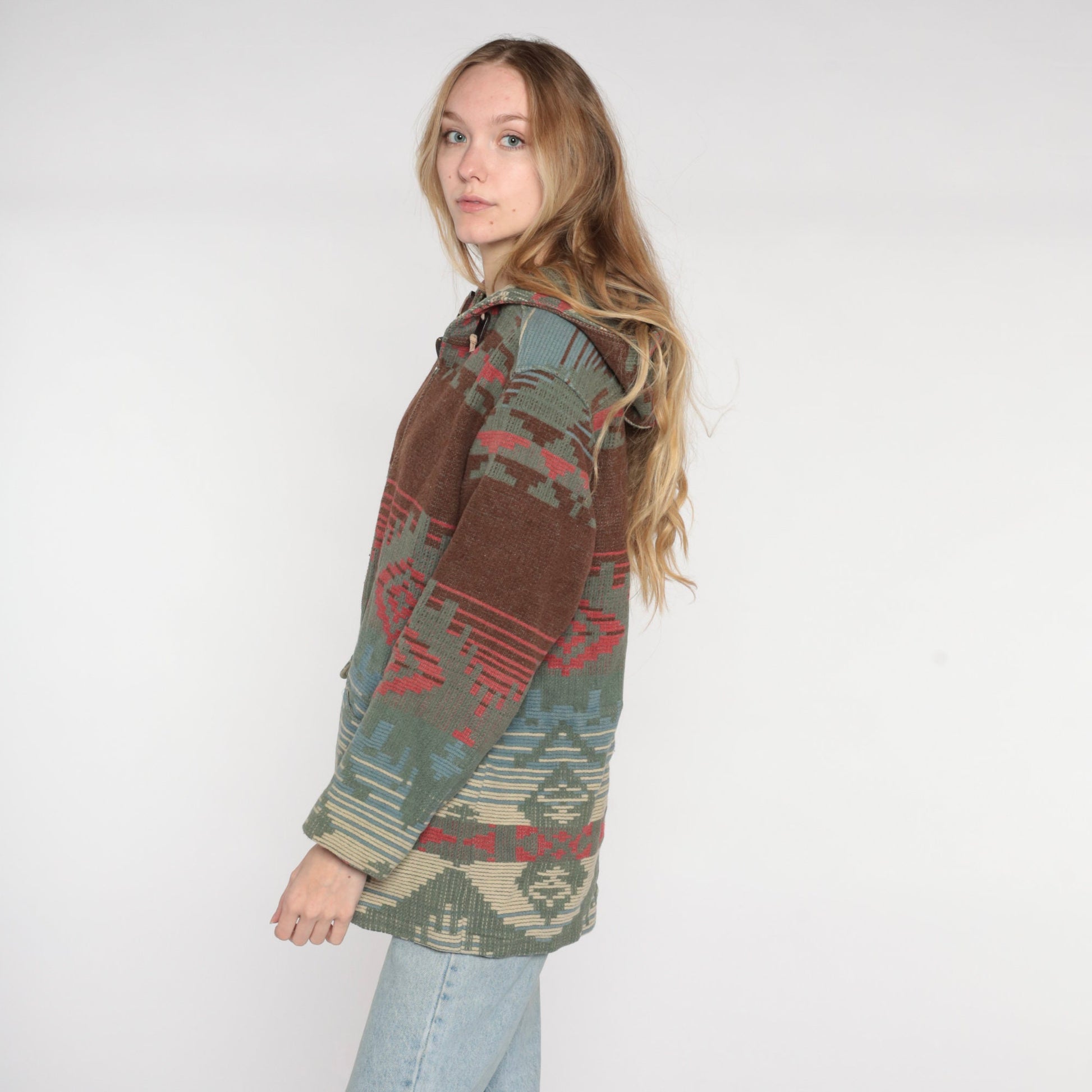 90s Woolrich Southwestern Wool Blend Hooded Jacket Brown Blue Medium