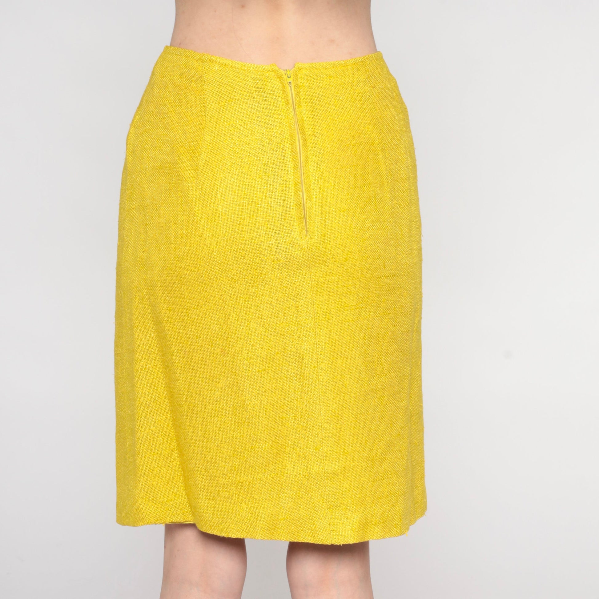 60s Yellow Tweed Pencil Skirt High Waist Mini Back Zip Extra Small XS
