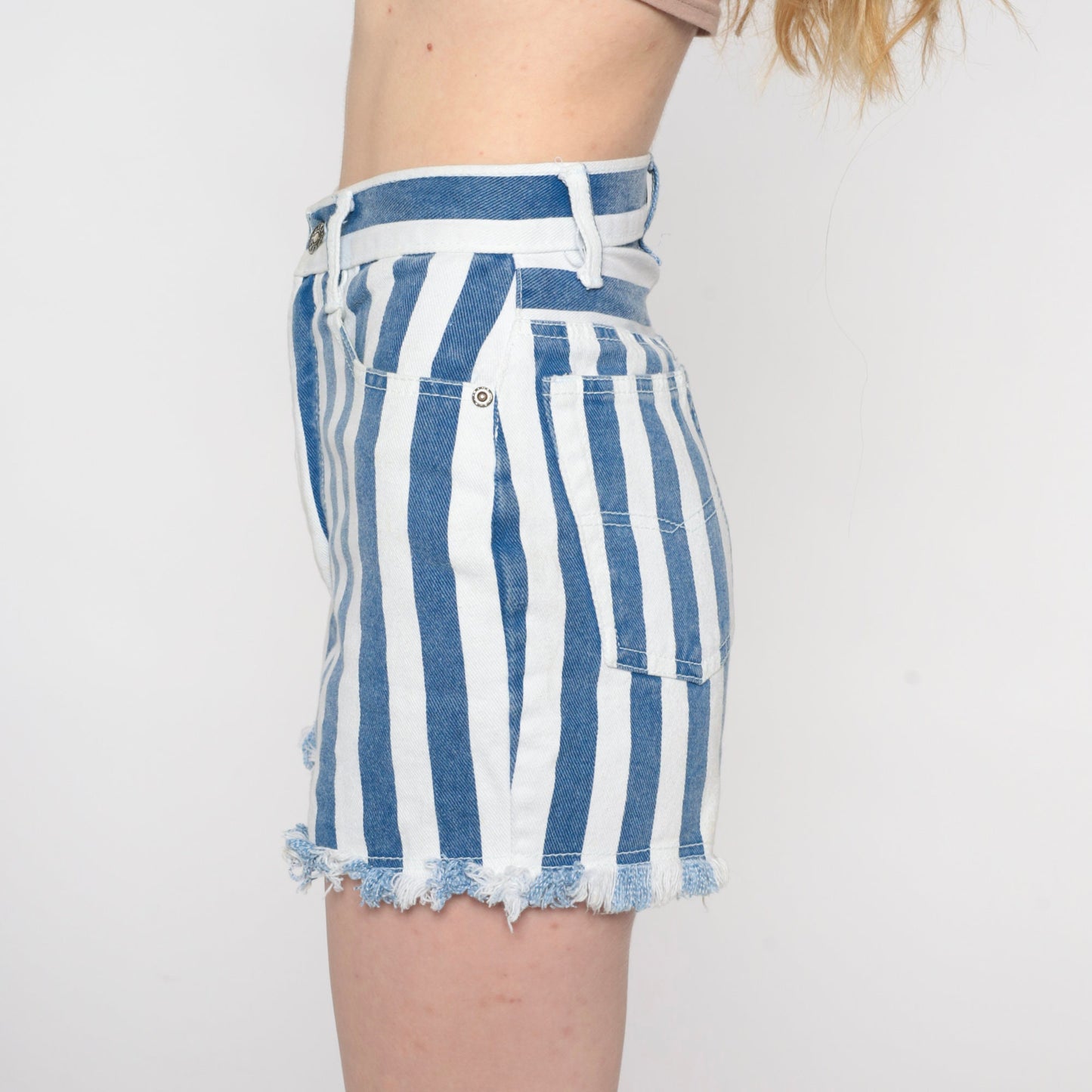 90s Jacko Jeans Striped Denim Cutoffs Blue White High Waisted Extra Small XS