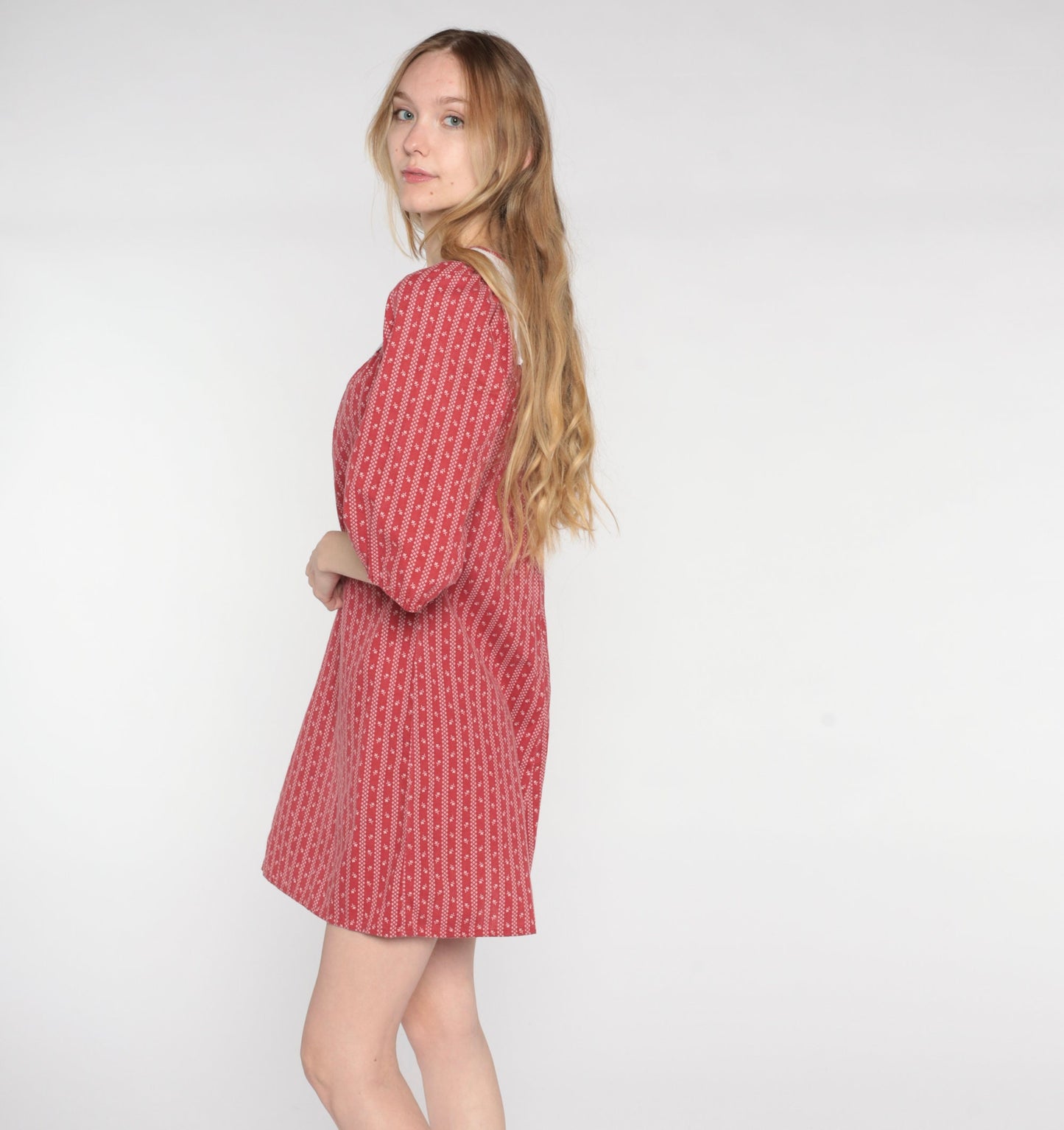 70s Red Floral Striped Mini Dress Lace Bib Peasant Short Sleeve Small