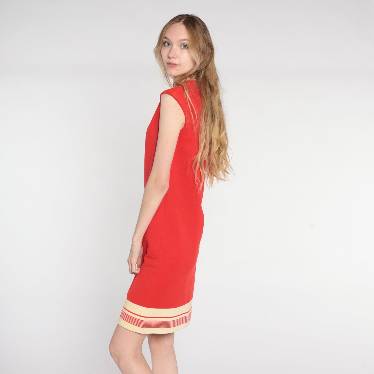 60s Mod Shift Dress Red Striped Wool Blend Mini Sleeveless Small S