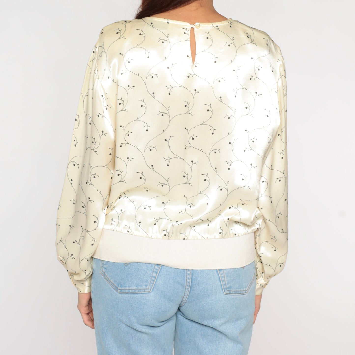 90s Cream Floral Shiny Blouse Long Sleeve Pullover Banded Hem Medium M