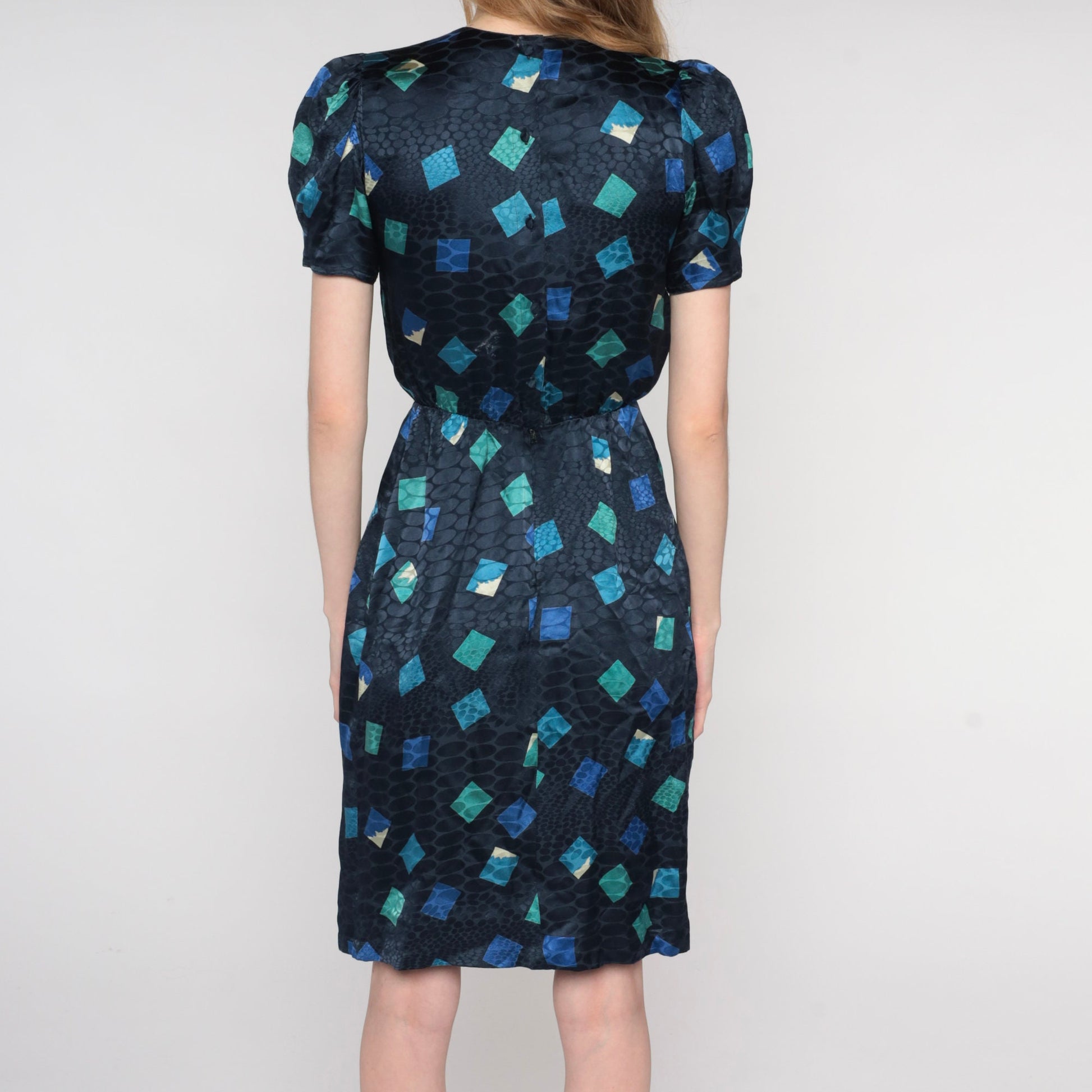 80s Navy Silk Puff Sleeve Dress Embossed Geometric Print High Waisted XS