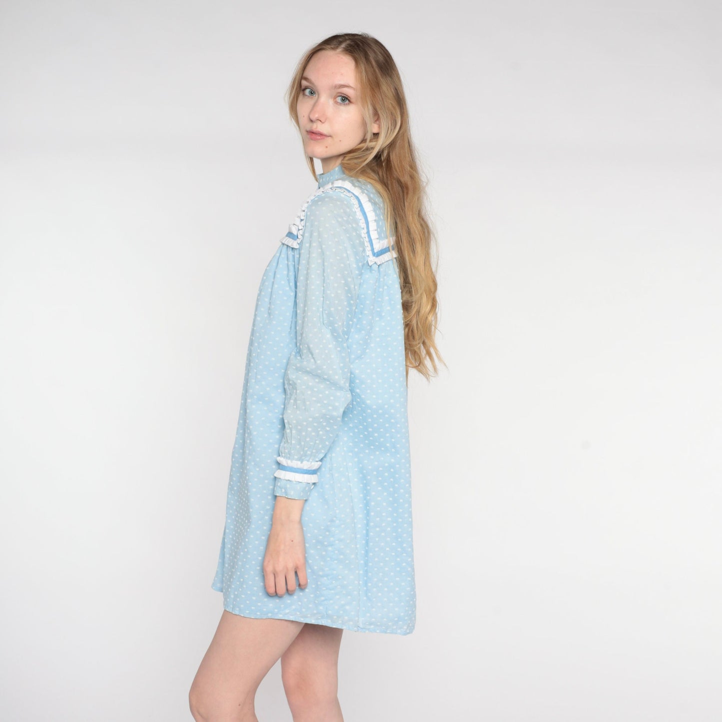 70s Baby Blue Polka Dot Mini Dress Heart Buttons Ruffled Bib Long Sleeve Small Medium