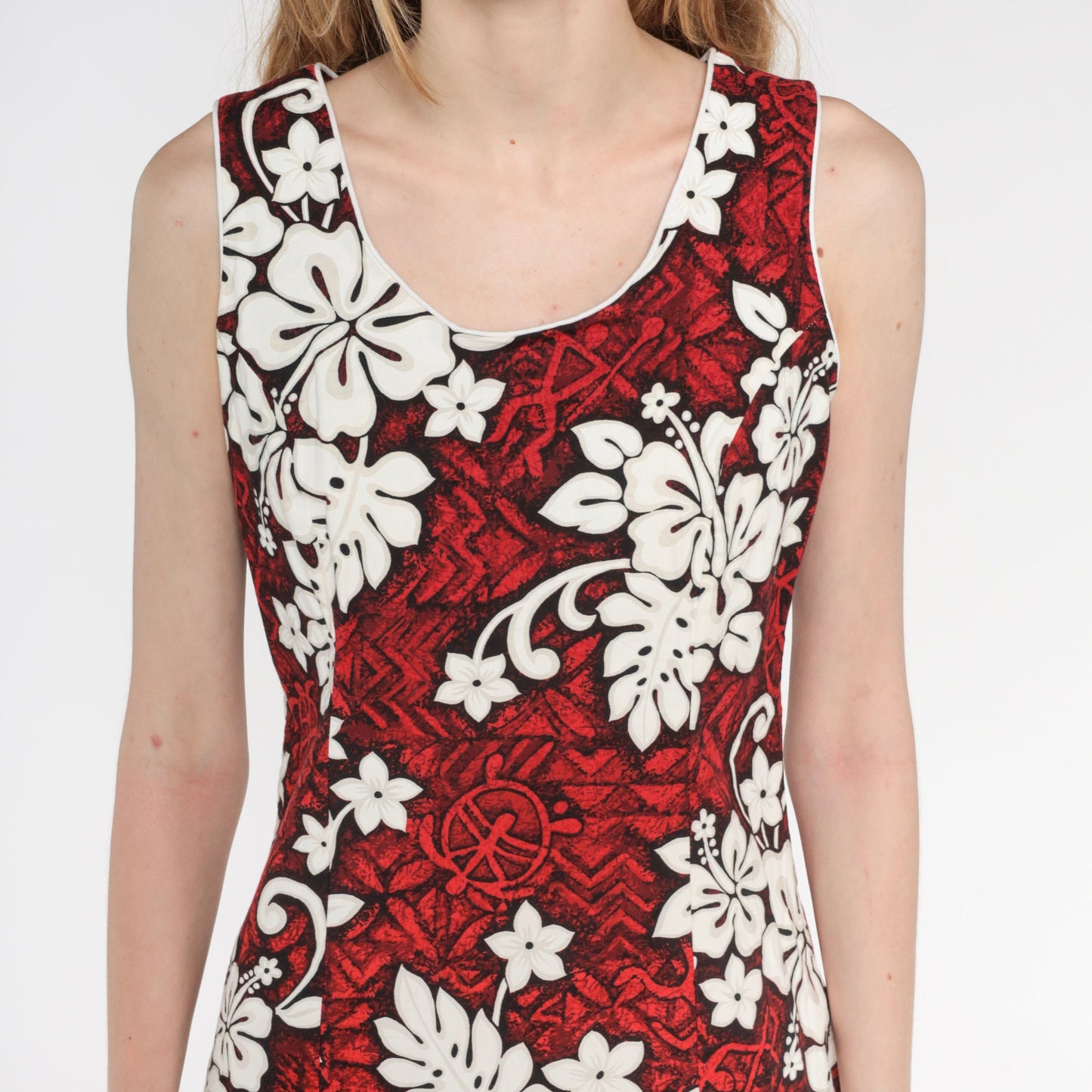 90s Hawaiian Floral Turtle Print Mini Dress Red Cotton Sleeveless Medium